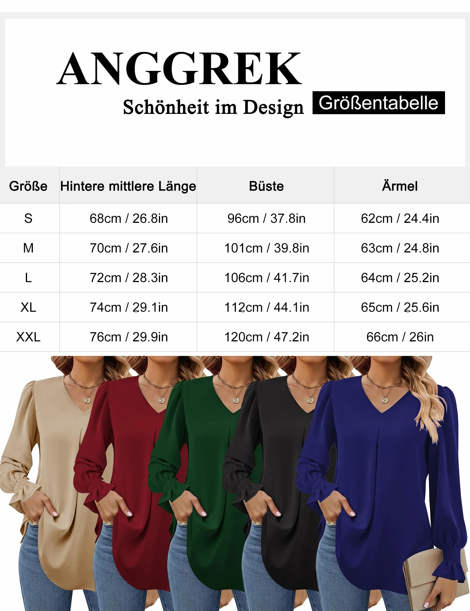 MAVIS LAVEN Modne damskie topy z dekoltem w serek i bufiastymi rękawami, eleganckie, swobodne, długie rękawy, tunika, luźny krój, tunika