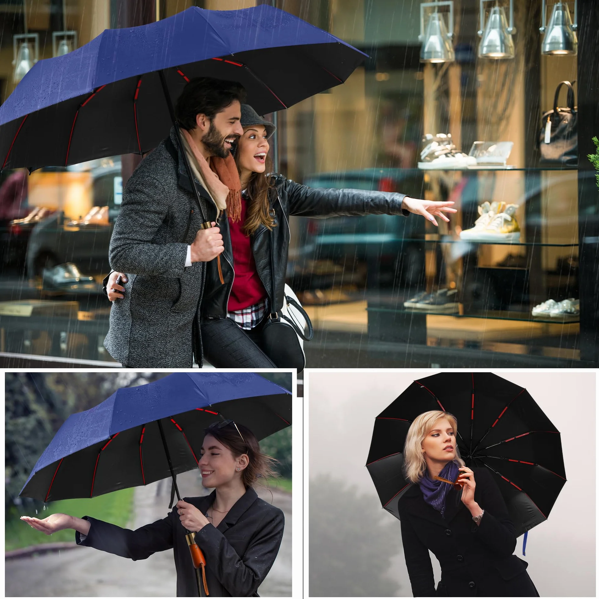 Parasol kieszonkowy, odporny na burzę, duży, 10 żeberek, wiatroszczelny, burzowy, parasol kieszonkowy, granatowy