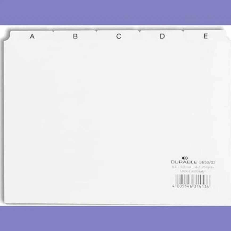 Durable 365002 Przekładki A - Z, poziome (A5), kolor biały.