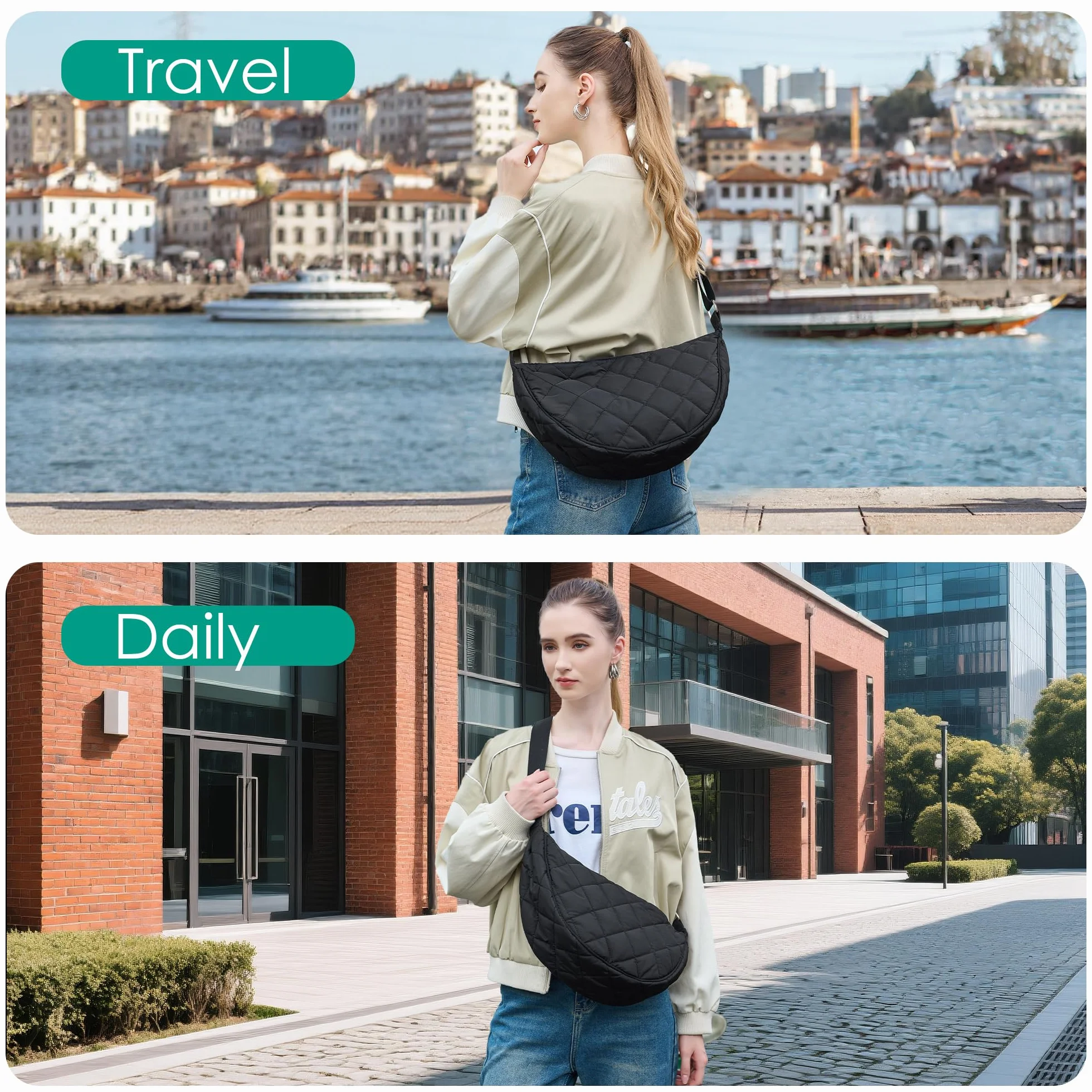 Micmores Crossbody Bag damska torba na ramię, nylonowa, pikowana, lekka, bufer, torba crossbody, duża torba na ramię, hobo, torba na brzuch, dla kobiet i mężczyzn