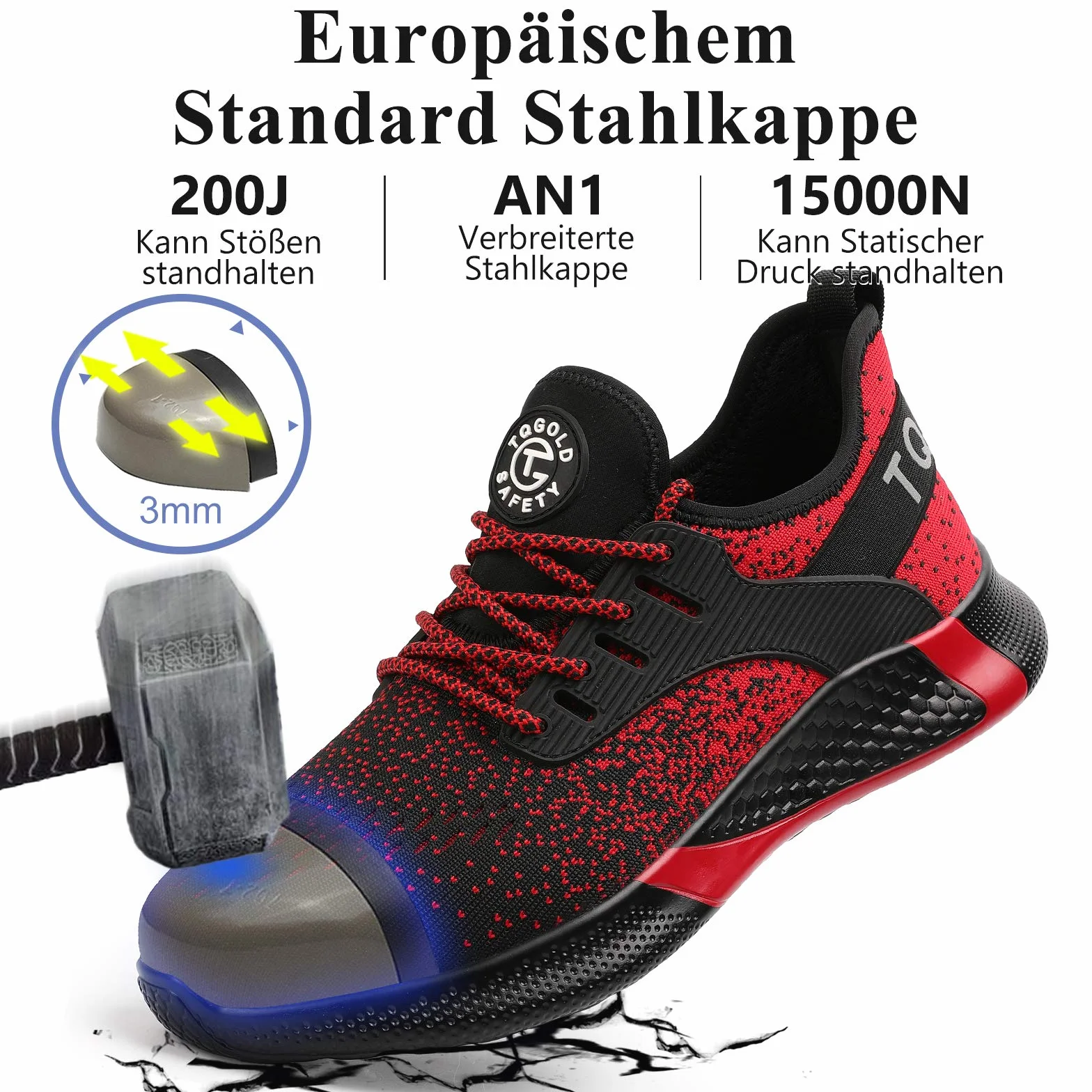 AONETIGER Buty ochronne dla mężczyzn i kobiet, lekkie buty robocze, stalowy nosek, sportowe, oddychające, antypoślizgowe, 8195 czerwony, 42 EU