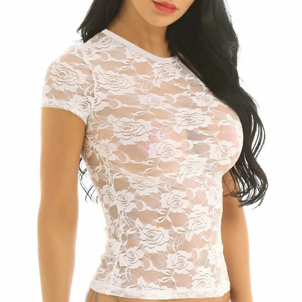 Uwodzicielski top damski, przezroczysta koronka, bluzka, krótkie rękawy, elegancki design z siateczki, seksowna bielizna damska