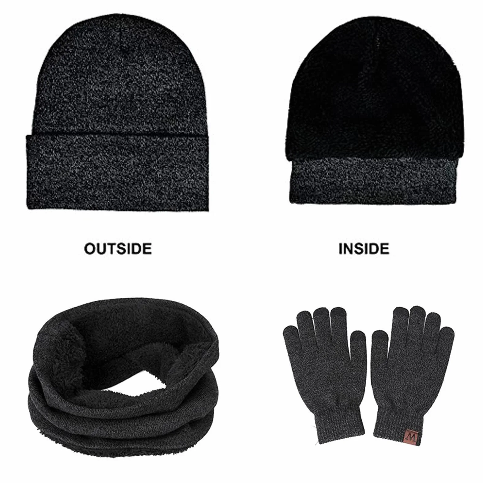 Komplet czapka szalik rękawiczki dla mężczyzn i kobiet, na zimę, z dzianiny, termiczny beanie, snood i rękawiczki z ekranem dotykowym, miękka podszewka z polaru, czapka zimowa dla mężczyzn i