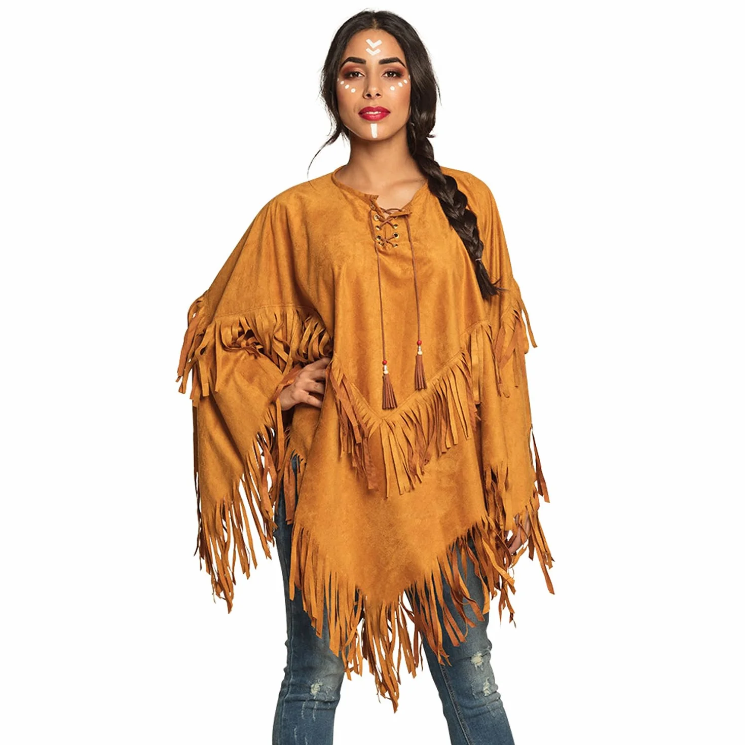 Boland 44095 - Indian Poncho, brązowe, jeden rozmiar dla dorosłych, peleryna z frędzlami i koralikami, wódz, kowboj, squaw, karnawał, bal przebierańców, Halloween, impreza tematyczna