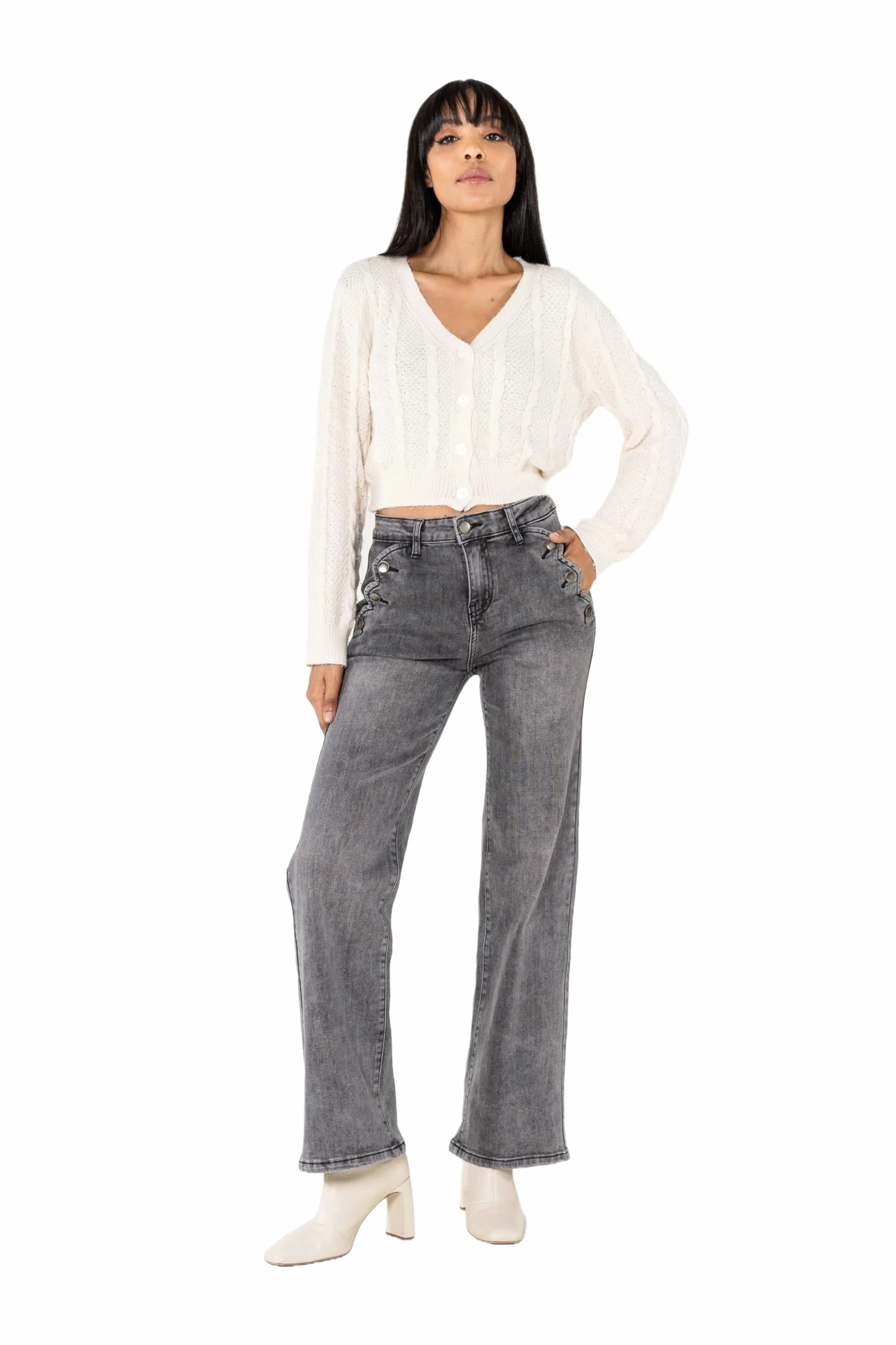 Nina Carter P195 damskie spodnie jeansowe Flared Bootcut High Waist Jeans