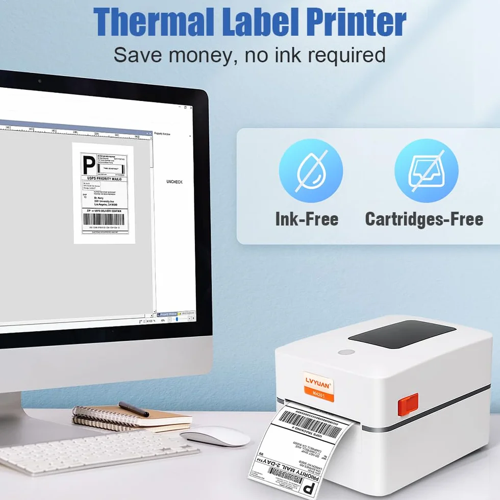 LVYUAN Drukarka etykiet 4x6 Termiczna drukarka DHL Label Printer etykieciarka biurkowa do kodów kreskowych, dla Amazon DHL DPD UPS FedEx Etsy Shopify Ebay