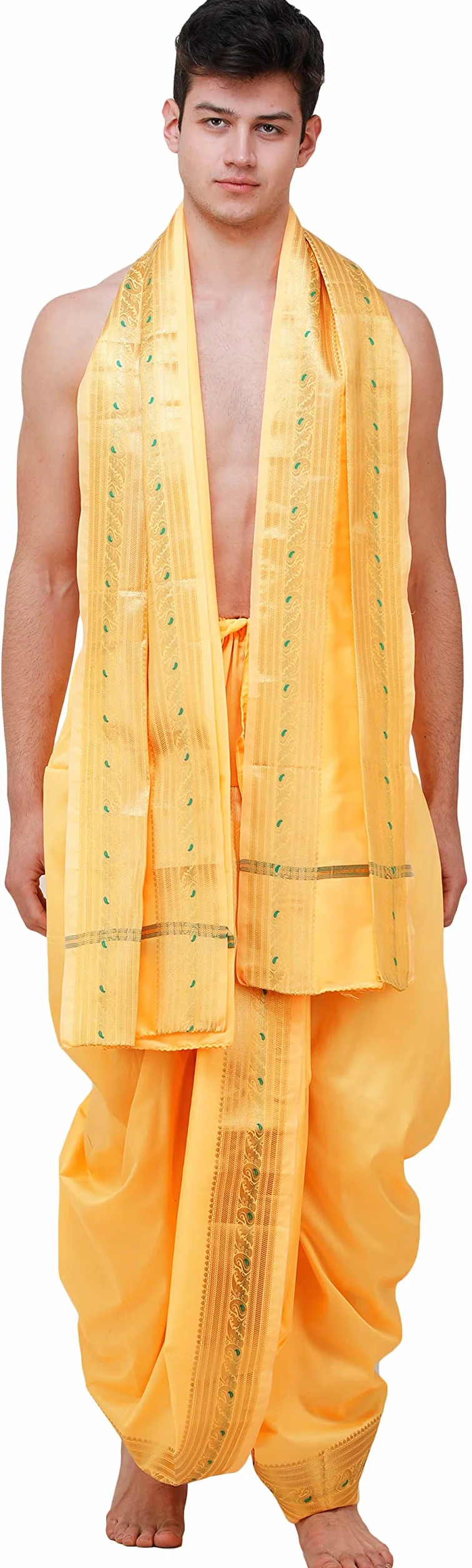Exotic India Gotowy do noszenia zestaw Dhoti i Angavastram z tkaną złotą bordiurą Meenakari, Cyninia, Jeden rozmiar