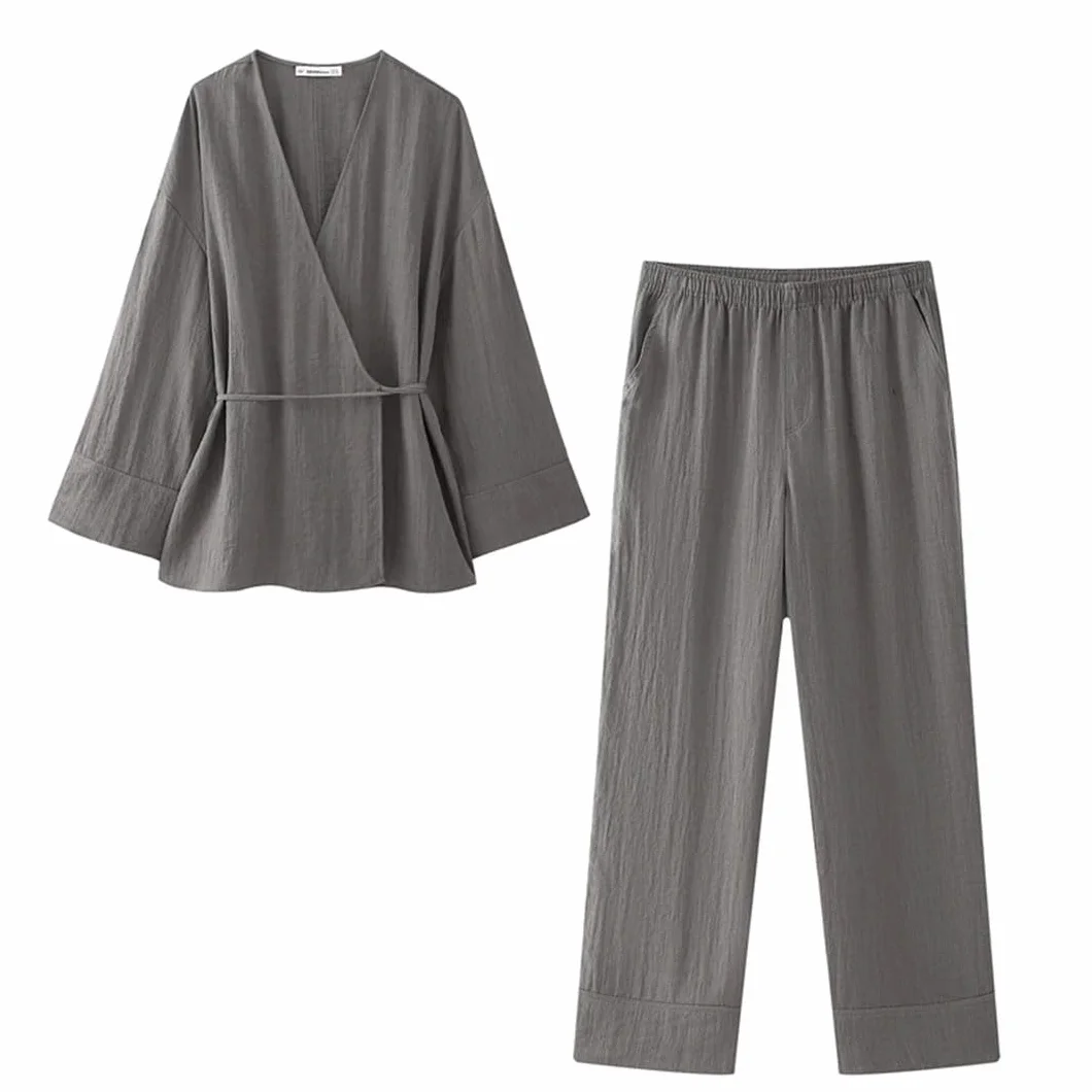 Damski zestaw podwójna plisa kimono styl top spodnie garnitur