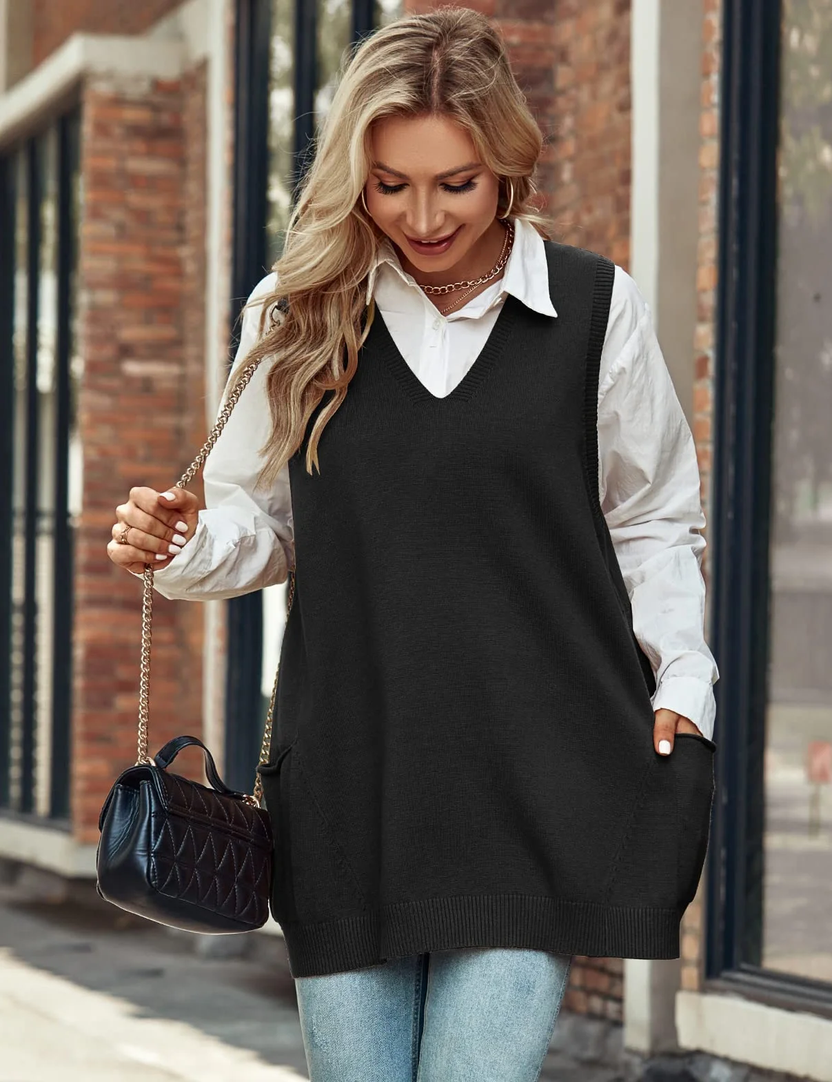 Xnova Damski sweter oversize, dekolt w serek, dzianinowa kamizelka, sweter bez rękawów, długi sweter z dzianiny, na czas wolny, na jesień i zimę