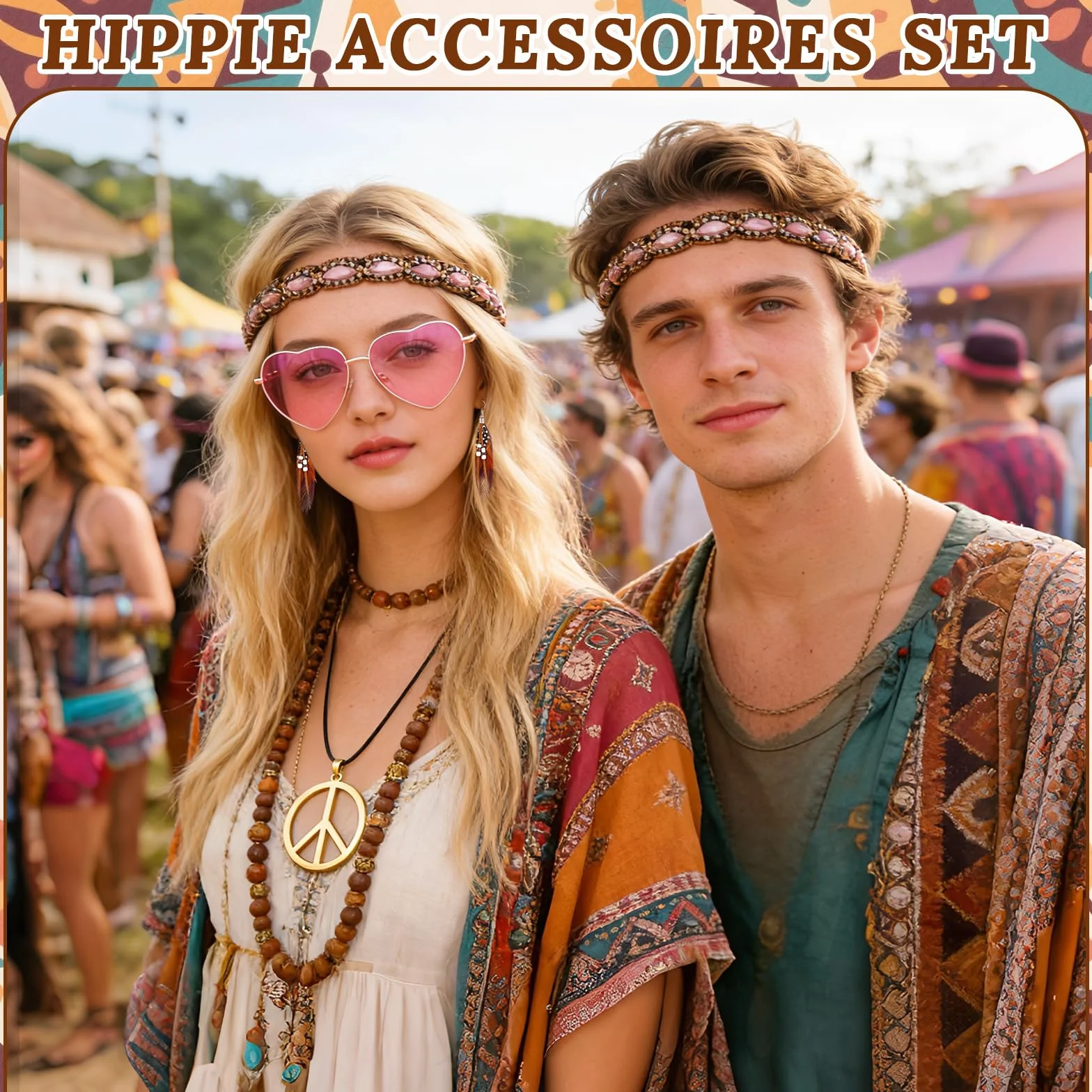 7-częściowy zestaw akcesoriów hipisowskich, kostium hipisowski, zestaw dla kobiet, akcesoria hipisowskie, hipisowskie okulary przeciwsłoneczne, styl boho, kryształowa opaska na czoło, naszyjnik z