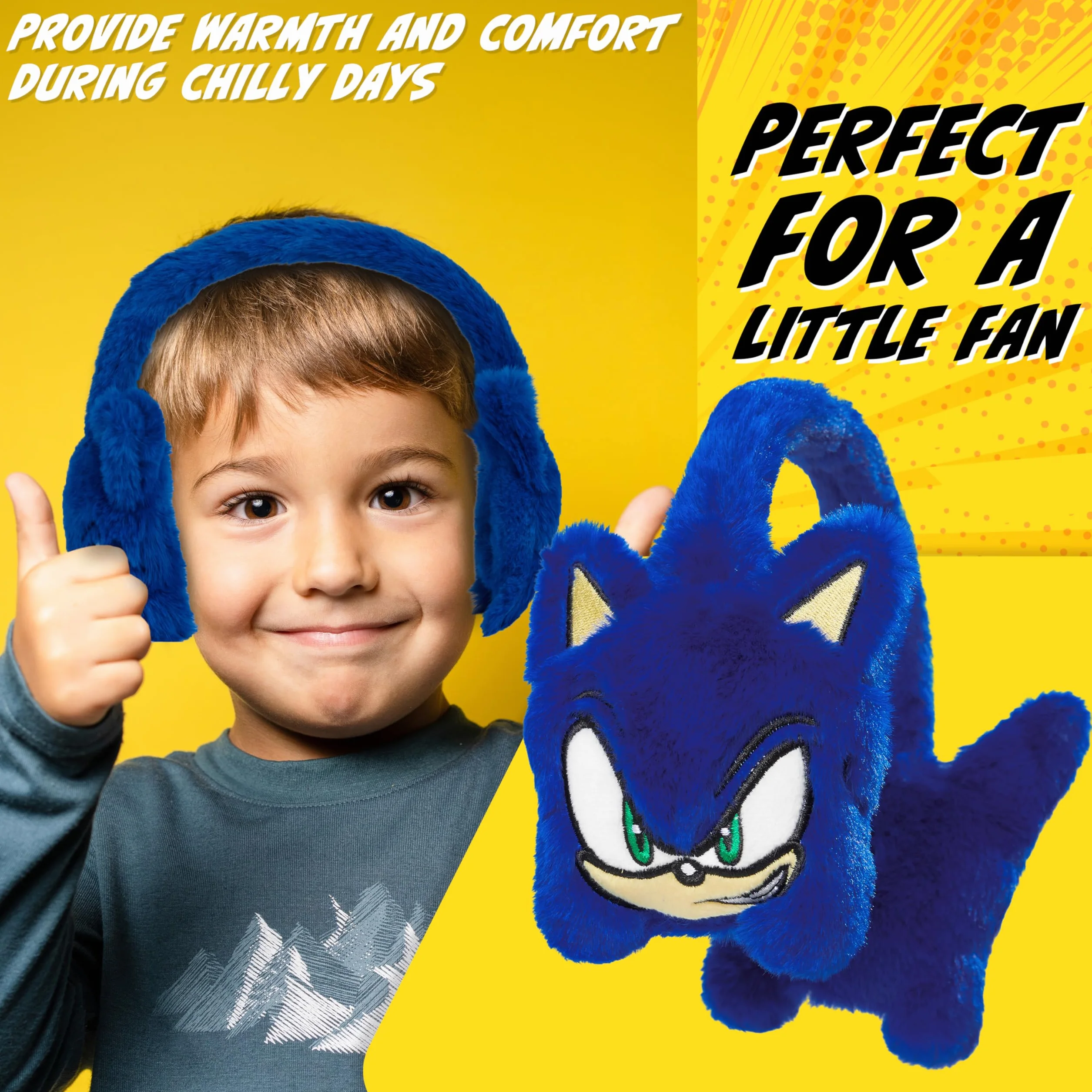 SONIC THE HEDGEHOG Puszyste nauszniki dla chłopców - przytulne prezenty dla chłopców, NIEBIESKI, Rozmiar uniwersalny