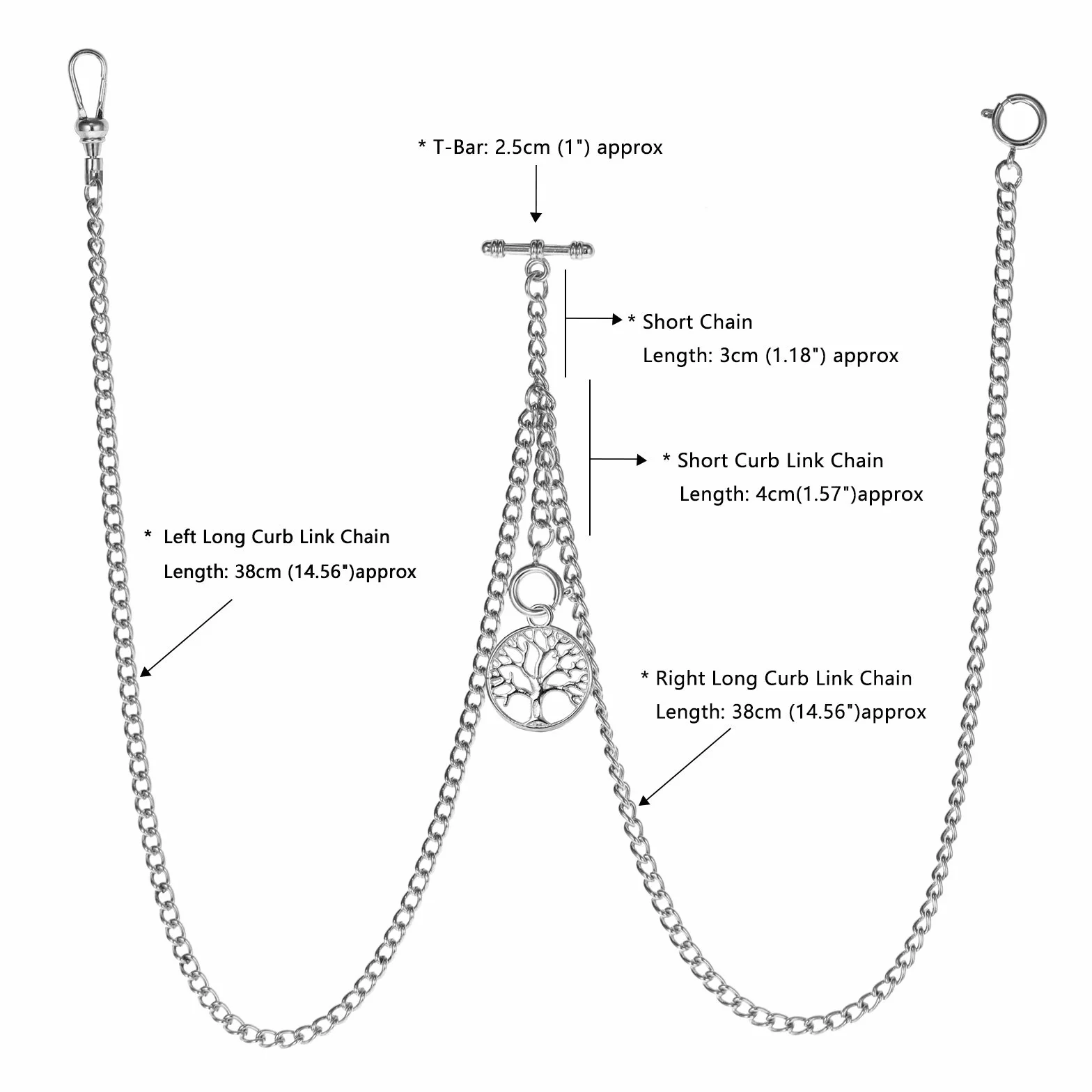TREEWETO Łańcuszek do zegarka kieszonkowego z końcówką w kształcie litery T, długość całkowita 72 cm, podwójny Albert T-Bar, zegarek kieszonkowy, łańcuszek z zawieszką w stylu antycznym drzewem życia