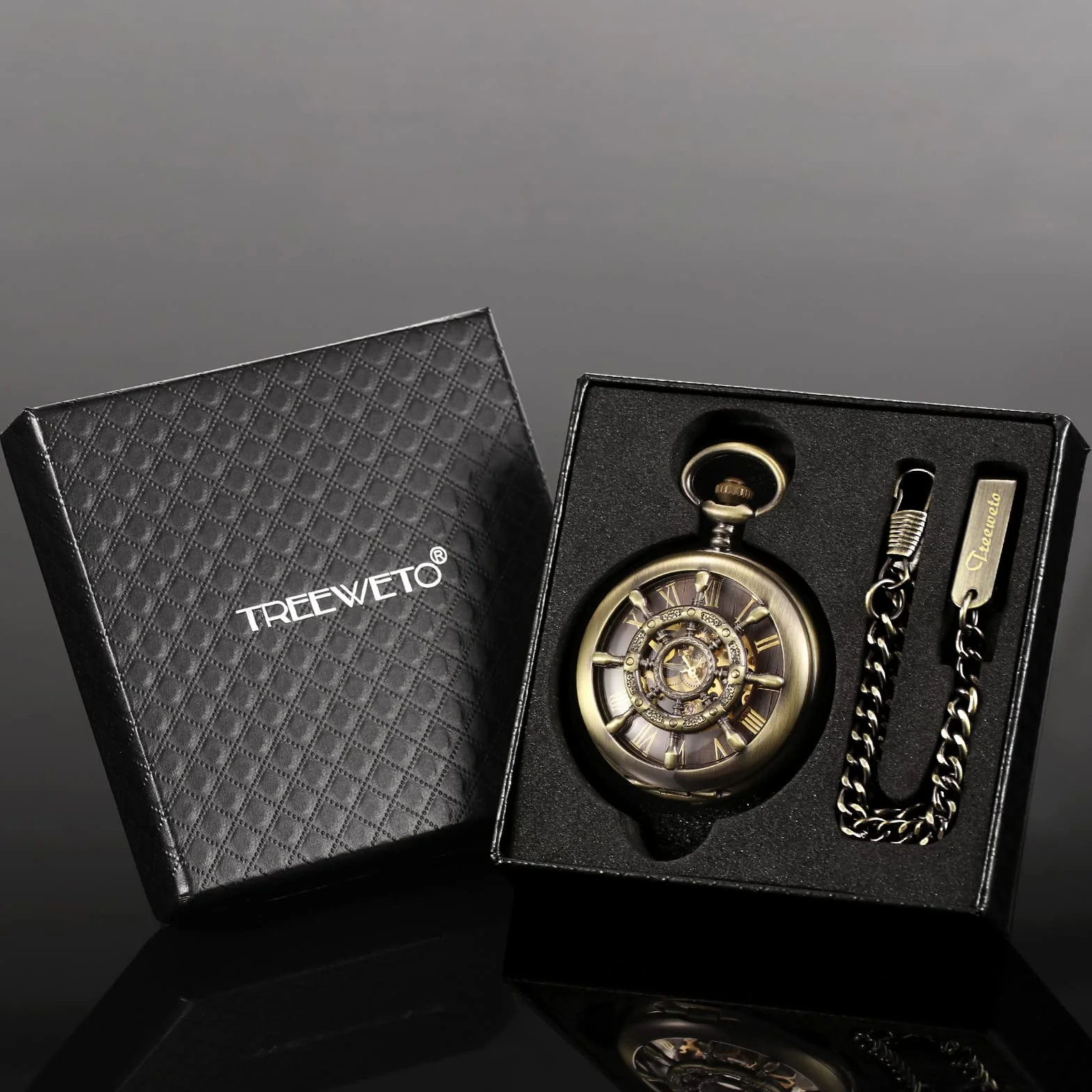 TREEWETO Unisex zegarek kieszonkowy z łańcuszkiem analogowy mechaniczny nakręcany ręczny podwójny zawias wiosło szkielet brąz, Bronze036
