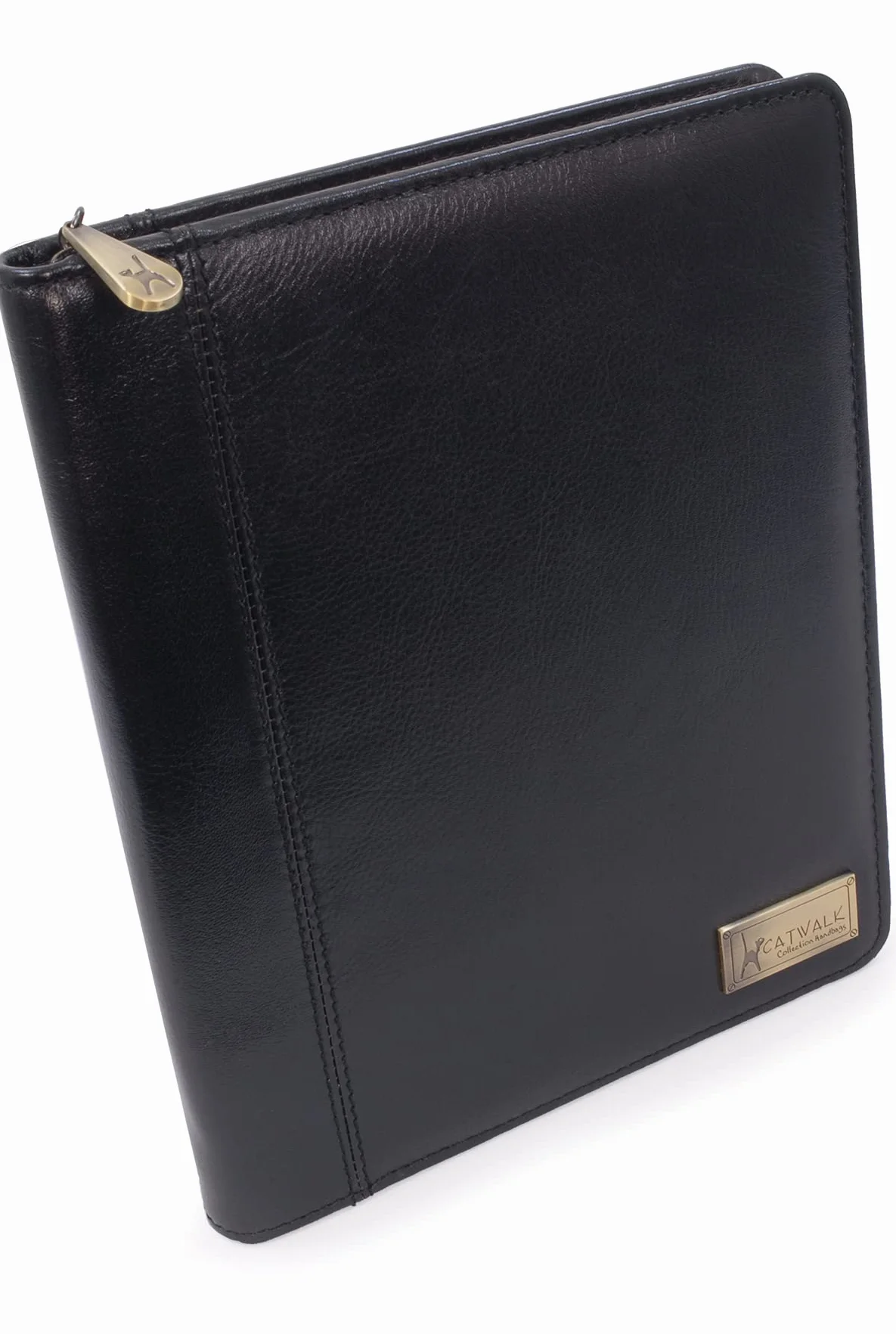 Catwalk Collection Handbags - Damska Skórzana Teczka Konferencyjna A5 - Folder na Zamek - Etui na Dokumenty, Wizytówki i Tablet - Angela - Czarny