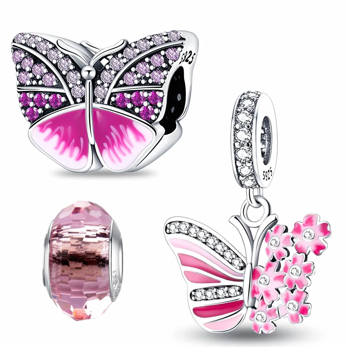 HappyStar Wisiorek charms ze srebra próby 925 do bransoletek, wisiorek typu charms, dla kobiet, kompatybilny z europejskimi bransoletkami i łańcuszkami Pandora (z koralikami dystansowymi, Srebro
