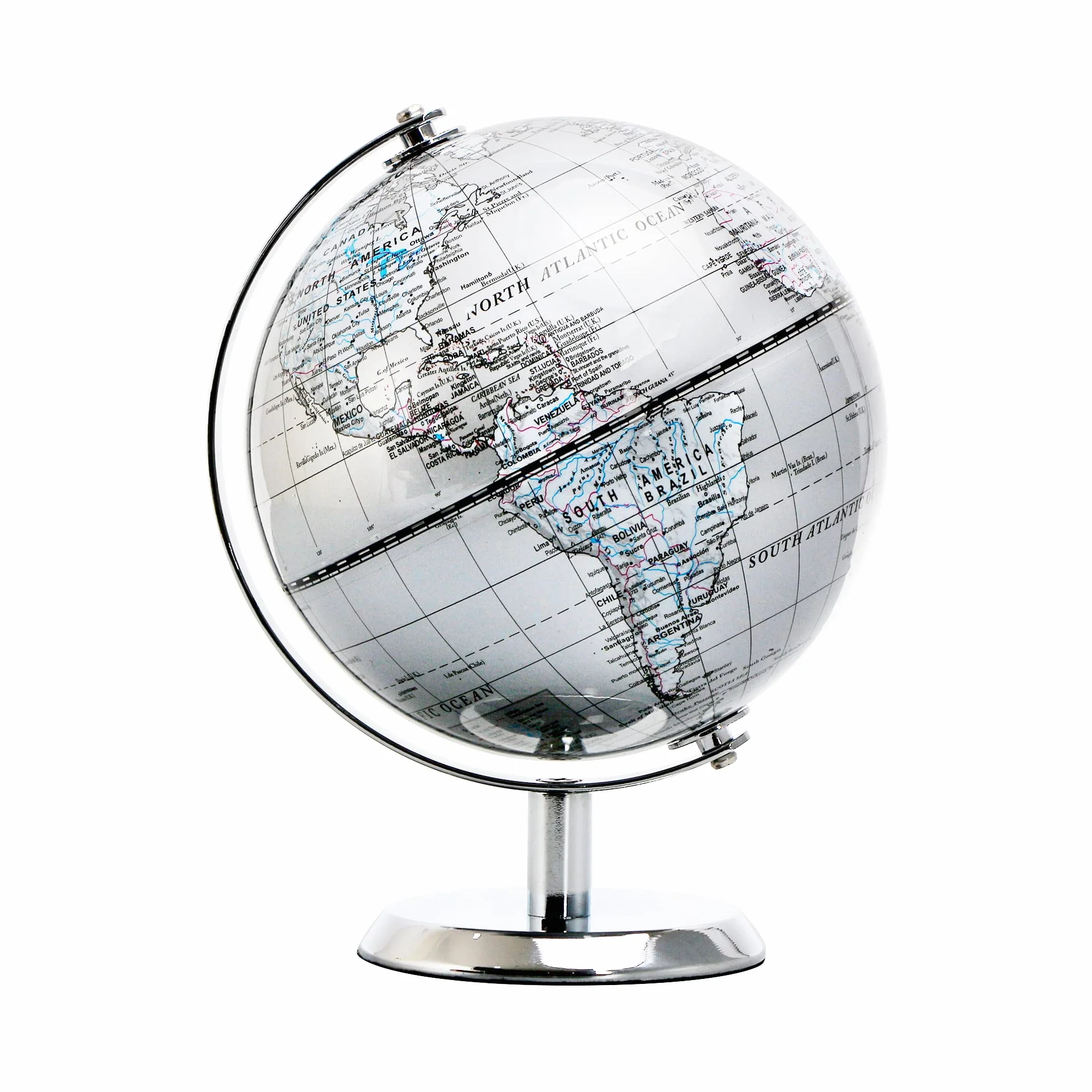 14 cm globus świata srebrny - mini globus edukacyjny/geograficzny/nowoczesna dekoracja biurka - łuk i podstawa ze stali nierdzewnej - srebrnoszary
