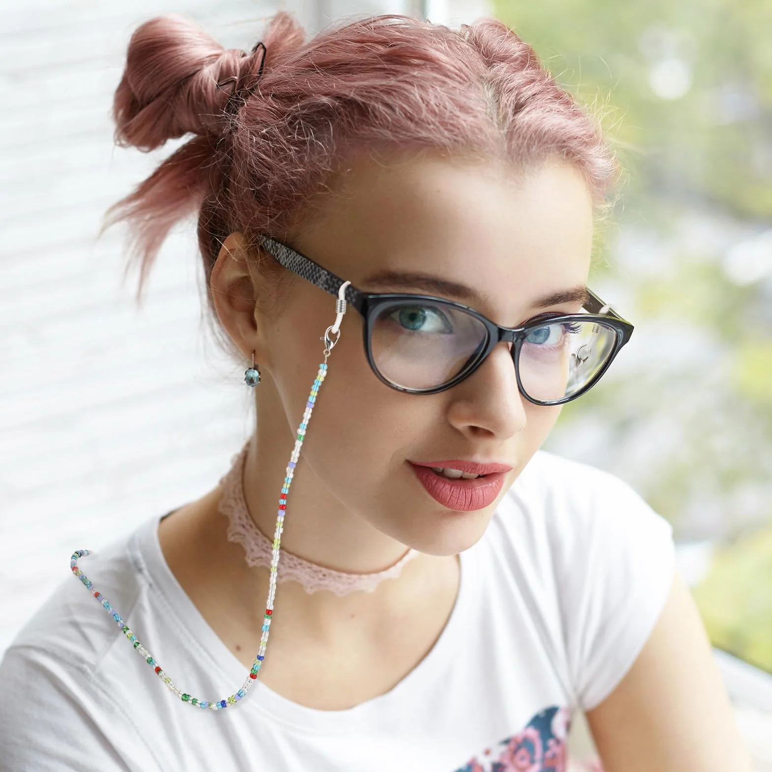 Ymapinc 4 szt. łańcuszek do okularów z koralikami kolorowe łańcuszki do okularów dla kobiet stylowe, uchwyty na okulary wokół szyi dla dziewcząt i kobiet, kolorowy, M