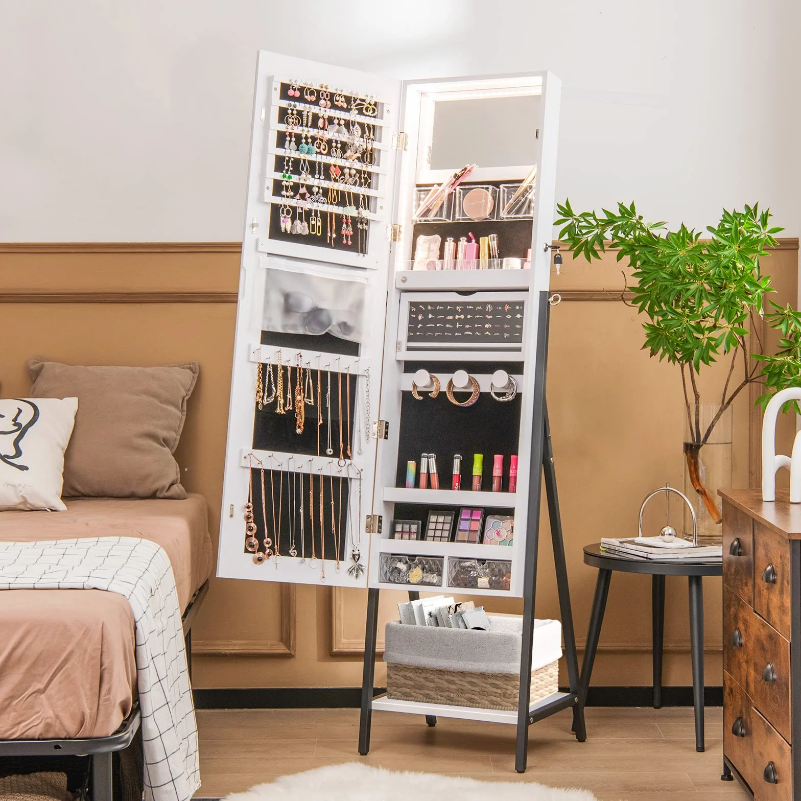 COSTWAY Szafka na biżuterię z lustrem, szafka z lustrem na biżuterię z 3-kolorowym oświetleniem LED, zamykana, dodatkowa półka, 41,5 x 37 x 157 cm (biała)