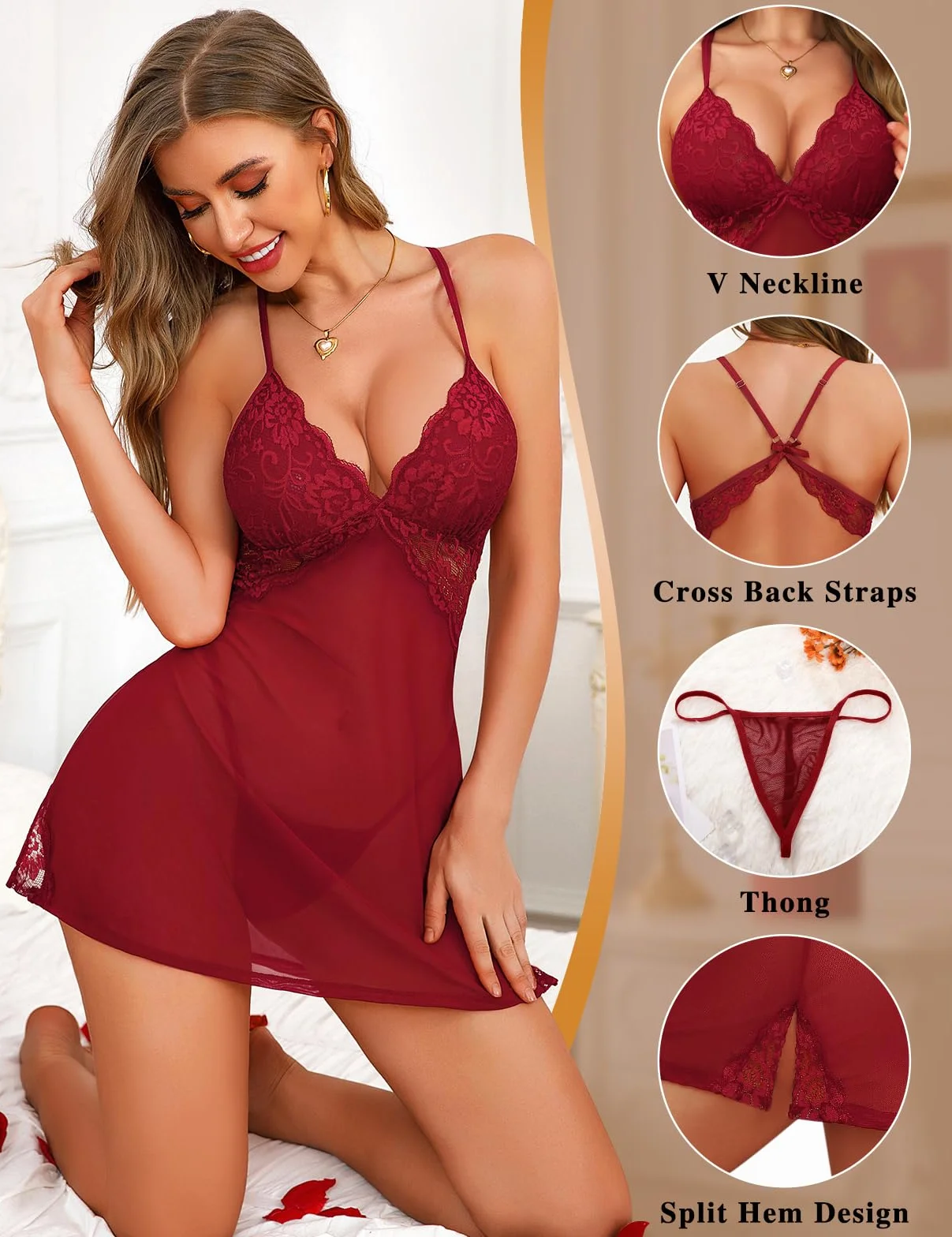Niwicee Seksowna bielizna damska Babydoll koronkowa mini sukienka przezroczysta piżama dekolt w serek koszula nocna z siateczką z stringami bez pleców bielizna