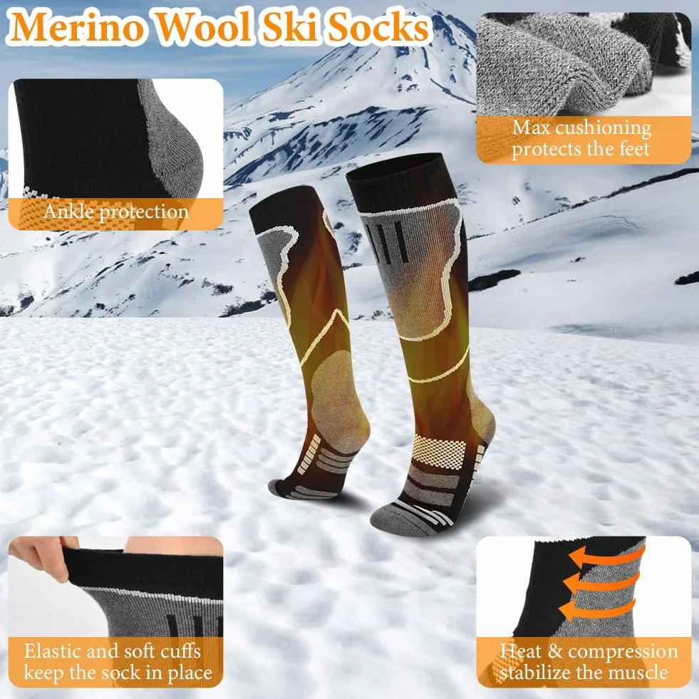 flintronic 2 pary skarpet narciarskich, wełniane skarpety narciarskie z wełny merynosowej, oddychające skarpety kompresyjne do kolana na zimno, wędrówki, polowania, snowboarding, 38.5-40.5 EU