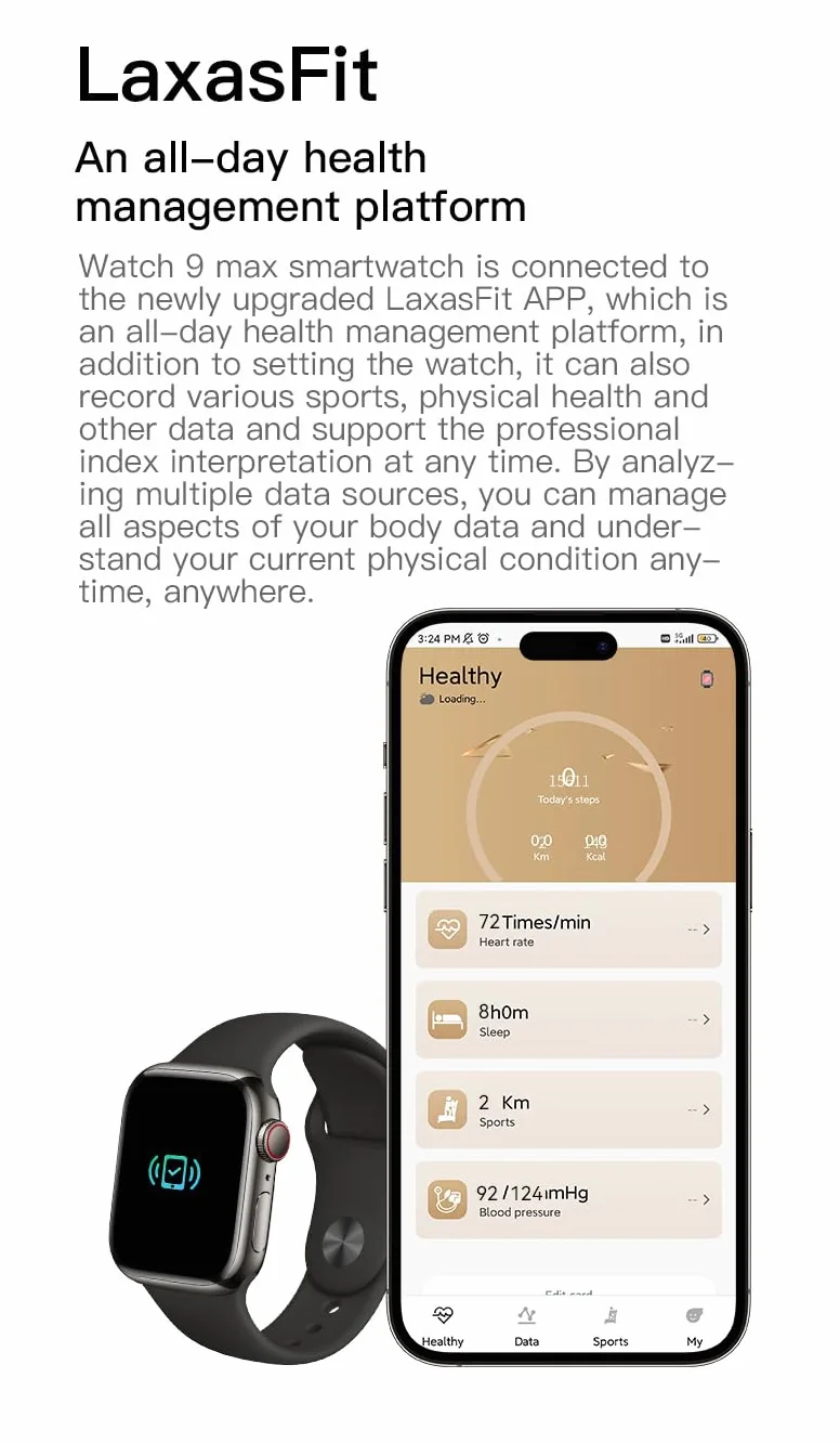 2023 Watch 9 Max Smart Watch Men Body Temperature BT Call NFC Always on Display Fitness Women Series 8 Smartwatch dla iOS Android (czarny)