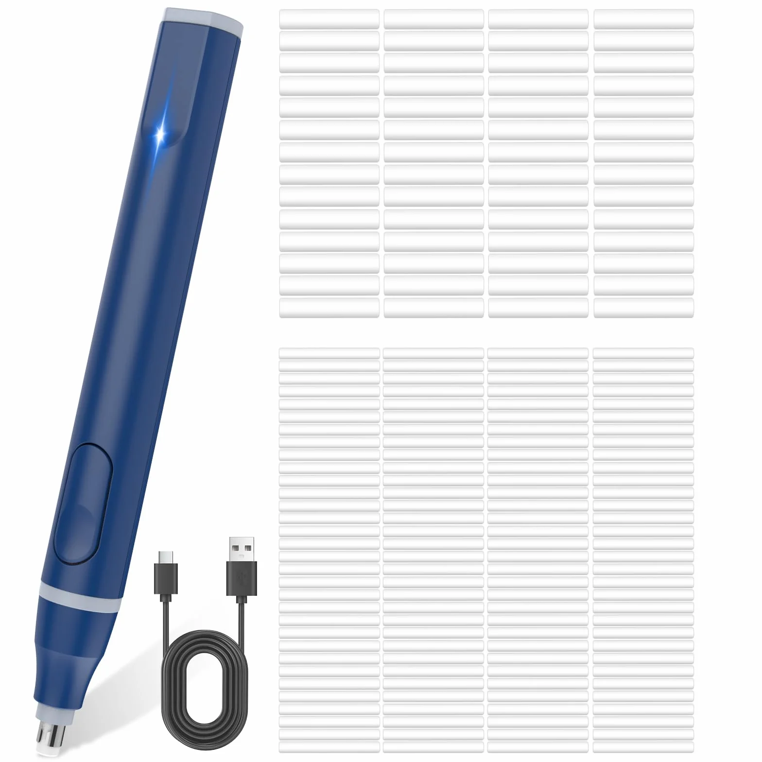 Cuteefun Gumka Elektryczna, łAdowalna Guma USB C Z 220 WkłAdami do Gumki, 2 Rozmiary, Wygodny Gumowy DłUgopis do Rysowania, Idealny Dla ArtystóW, StudentóW, SzkicownikóW, InżYnieróW, Niebieski