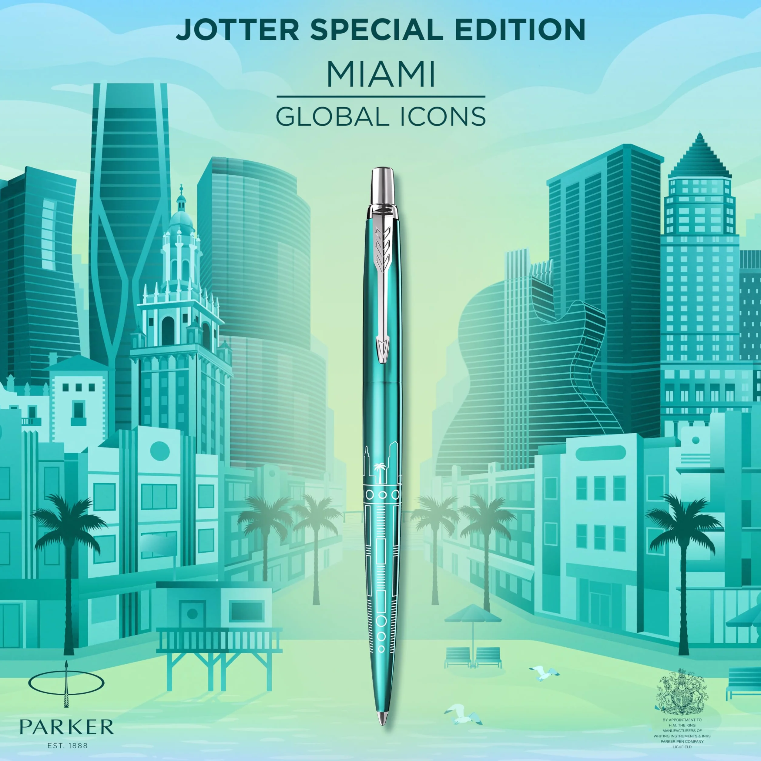Długopis Parker Jotter | Edycja specjalna | Miami Turquoise z chromowanymi zdobieniami | Końcówka medium | Niebieski tusz | Opakowanie prezentowe