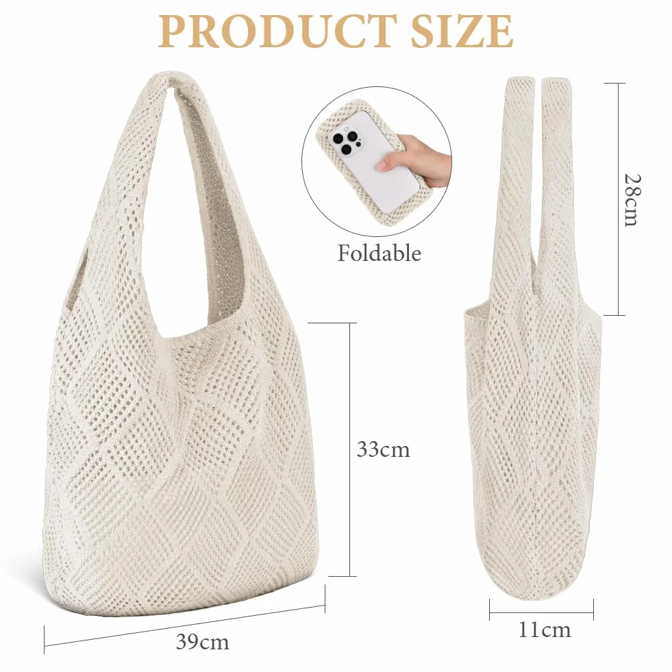 Aucuu Damskie torebki z dzianiny, retro ażurowe plecione torby na ramię, torba na ramię boho, szydełkowa siatkowa torba typu tote, torba plażowa dla kobiet, torba podróżna do zakupów na wakacje