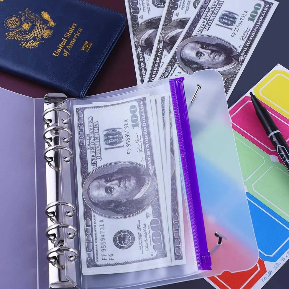 Binder segregator z 6 otworami, różne kolory, koperty, zamek błyskawiczny, A6, wodoszczelny, przezroczysty do uzupełniania, do przechowywania banknotów