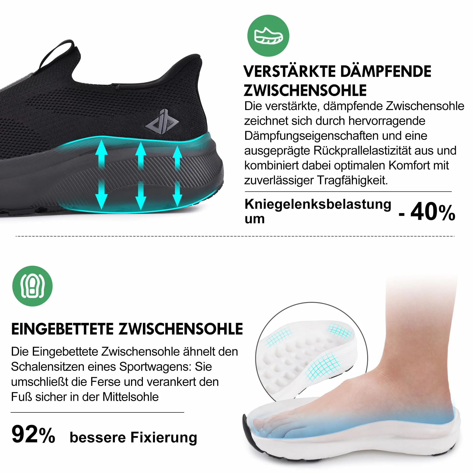 JACKSHIBO Męskie buty wsuwane, wsuwane buty typu sneaker, podparcie łuku stopy, ortopedyczne buty z pianki z pamięcią kształtu, z szerokim obszarem na palcach, podeszwa zerowa, czarny, 43 EU szeroki