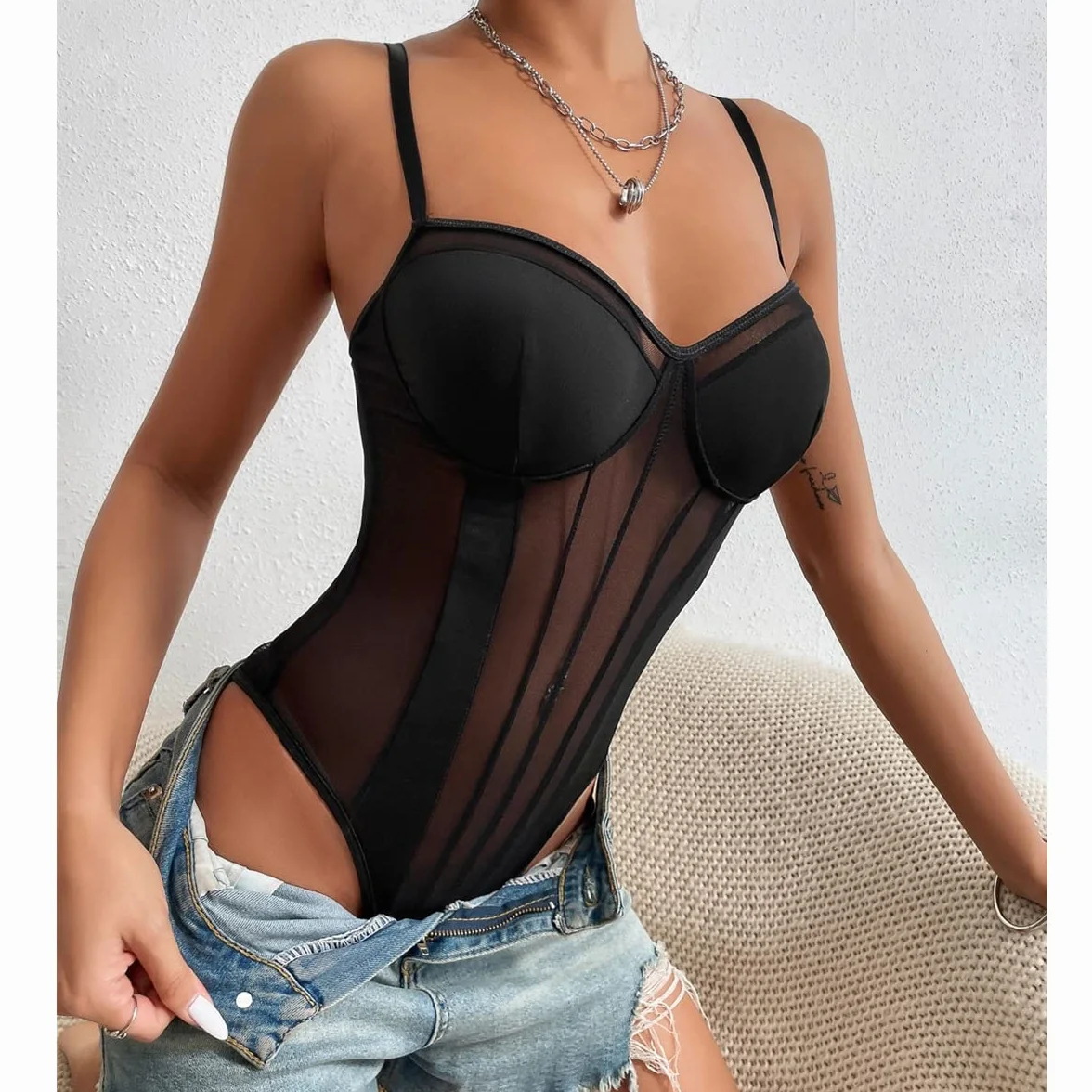 Body damskie seksowne Sheer Mesh Bodysuit przezroczyste ramiączka spaghetti bez rękawów, body z odkrytymi plecami, elastyczny kombinezon z siateczki, elegancki wąski top