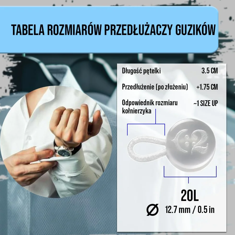 C2 2 szt. Przedłużki do Kołnierzyka i Mankietów Koszuli Mały Rozmiar - Białe - Dodaje 1 Rozmiar (1,75 cm / 0,69 in) - Guziki o Średnicy 12,7 mm / 0,5 in (20L)