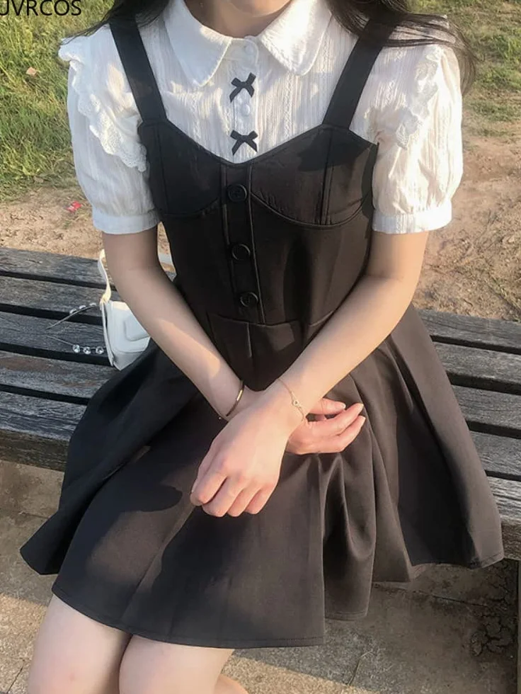 Biała koronkowa bluzka damska gotycki styl preppy vintage kołnierz Piotruś Pan koszula z krótkim rękawem dziewczyna lato śliczny top