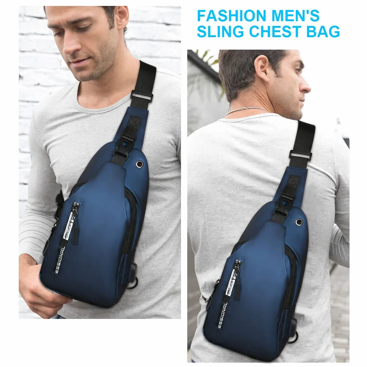 Aucuu Torba na klatkę piersiową, biznesowa torba na ramię, wodoodporna torba na ramię z portem ładowania USB, torba crossbody dla mężczyzn, na podróż, wędrówki, sport, jazdę na rowerze, NIEBIESKI