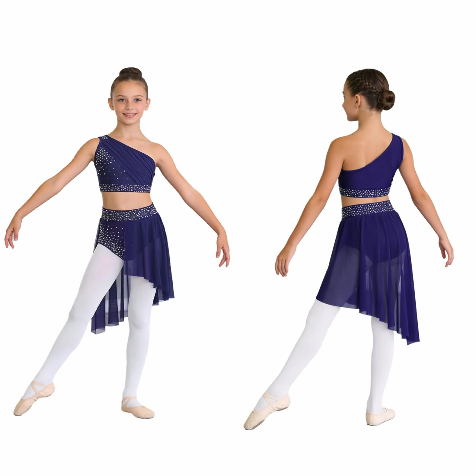 inhzoy Dziewczęcy strój do tańca, brokatowa sukienka do tańca latynoskiego, na jedno ramię, Crop Top i Swing, spódnica do tańca, dla dzieci, odzież do tańca, strój baletowy
