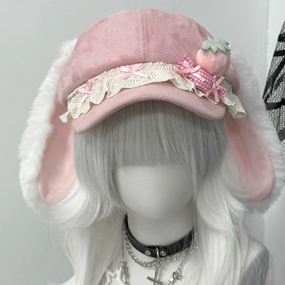 Uroczy królik ucho beret kapelusz kobiety zimowy beret gazeciarz czapka słodka czapka beanie malarz kapelusze kawaii francuski styl artysta czapka