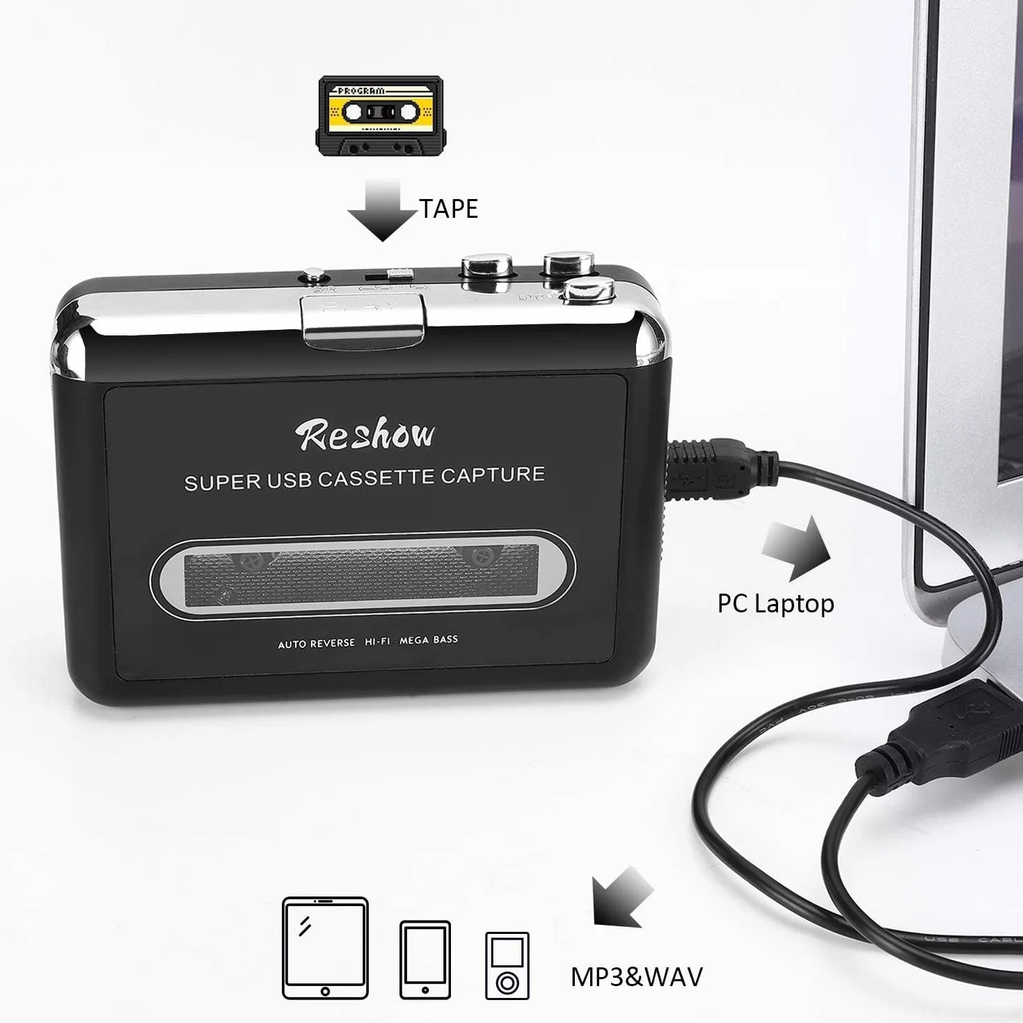 Reshow Przenośny odtwarzacz kasetowy, nagrywanie muzyki MP3 przez USB, konwersja kaset na format MP3 (Czarny)