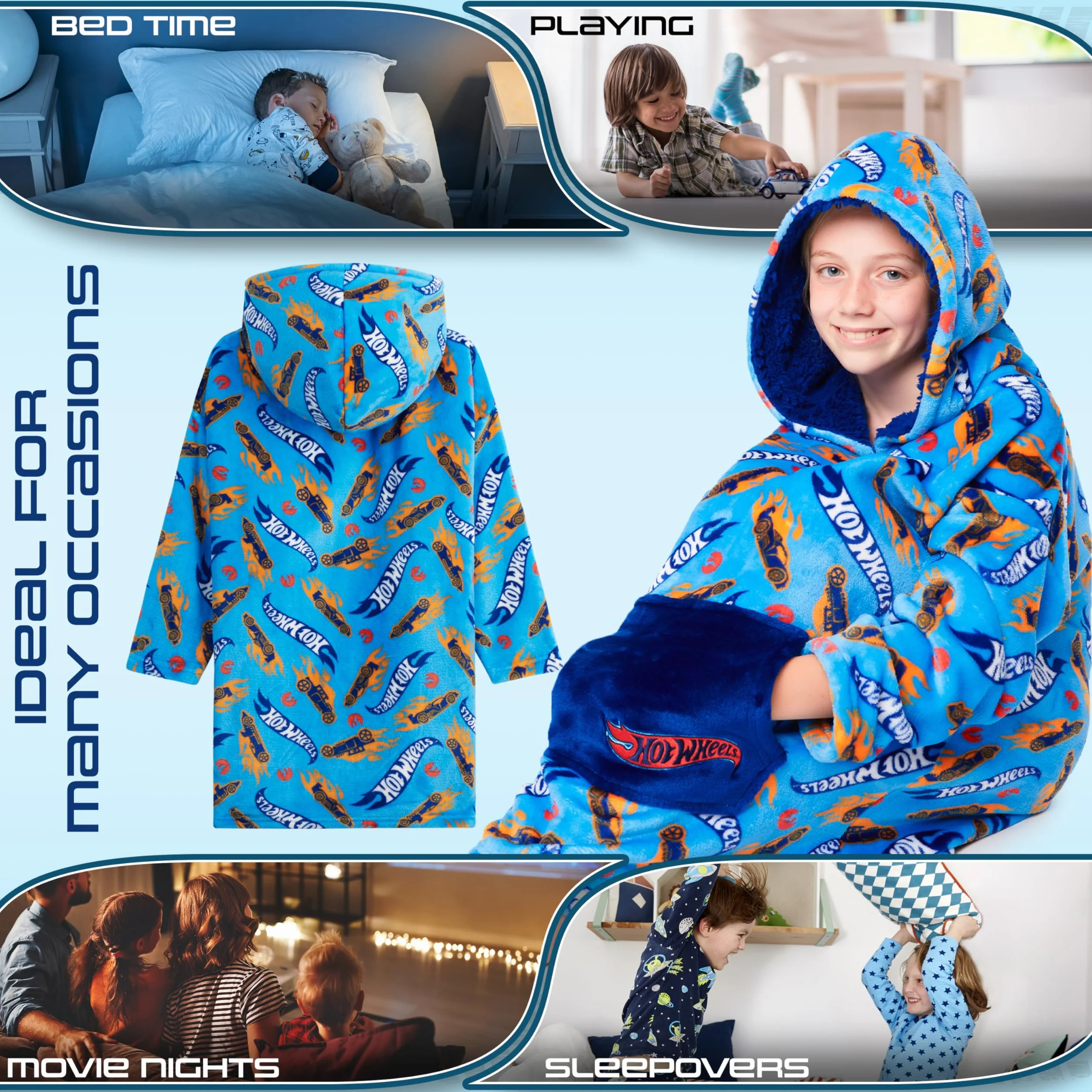 Hot Wheels Bluza Oversize Bluza Koc dla dzieci, niebieski, Talla única