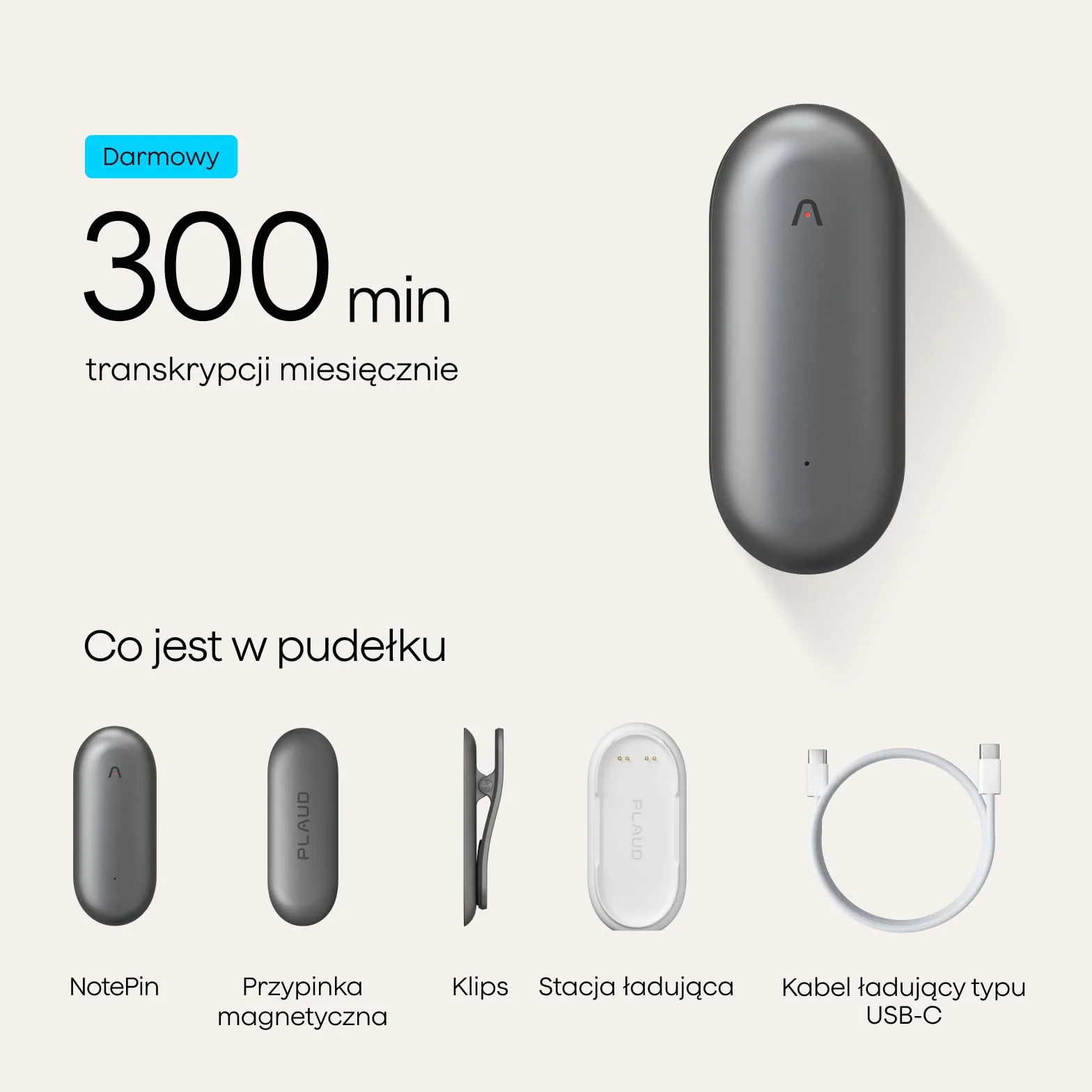 Plaud Note Dyktafon AI 64 GB z etui, obsługa 112 języków, na wykłady i spotkania