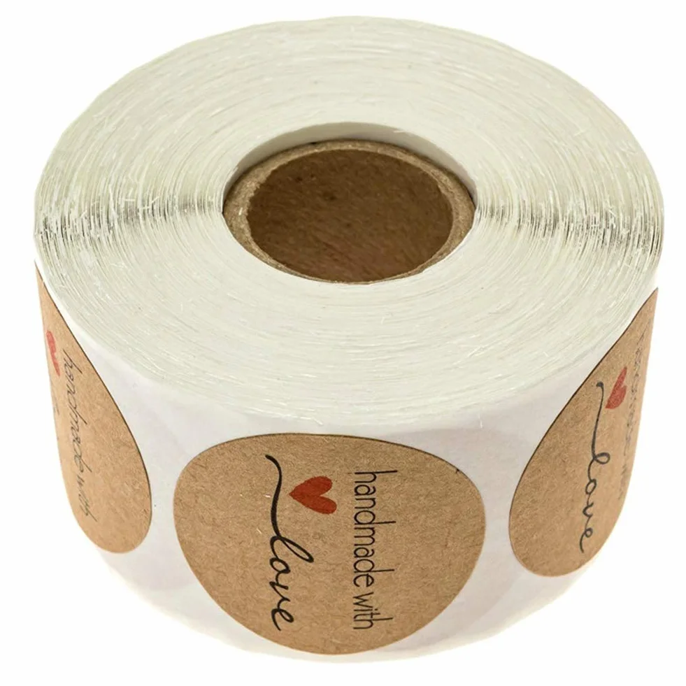 500 sztuk naklejek z papieru typu kraft, okrągłe naklejki, ręcznie wykonane z miłością, do pieczenia, torebek prezentowych, kopert ślubnych