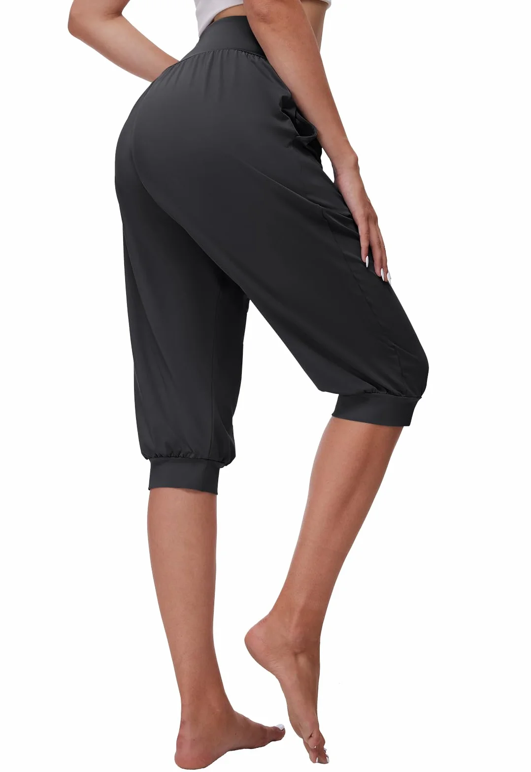 BATHRINS Damskie spodnie haremki 3/4 do jogi, spodnie do joggingu, spodnie capri, letnie spodnie do pilatesu, lekkie spodnie sportowe z kieszeniami, sznurek
