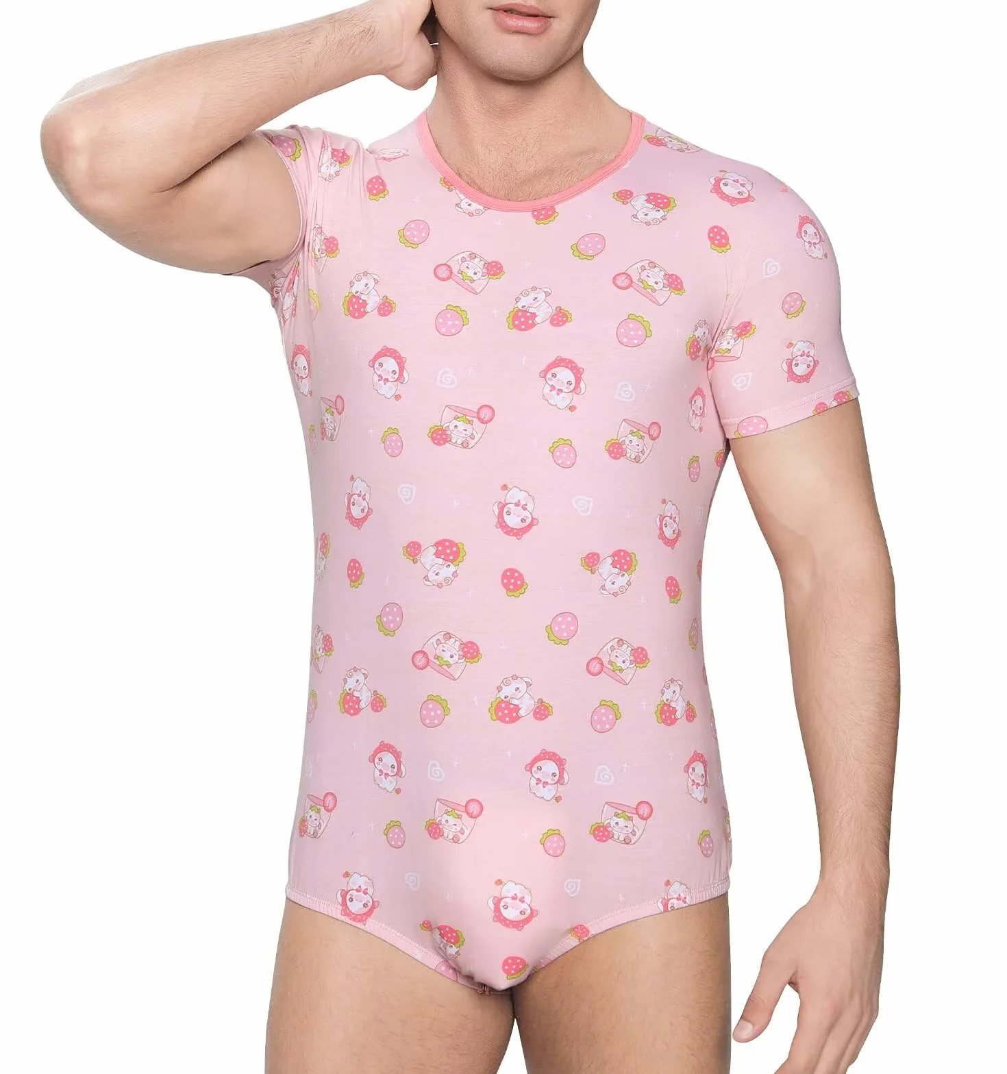 Landofgenie Body męskie z krótkim Rękawem Jednoczęściowy T-shirt z nadrukiem Piżama Trykot Oddychająca Bawełniana Koszulka na Ramiączkach Strawberry Cow