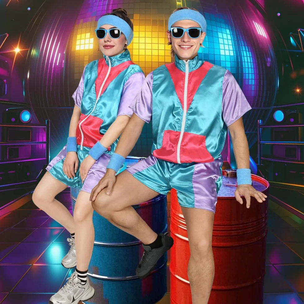 Aomig Strój hip-hopowy z lat 90. XX wieku, modny kostium z lat 80. i 90., odzież sportowa, do dyskoteki, z opaskami na nadgarstek, disco, fantazyjna sukienka w stylu lat 80. XX wieku, dres na