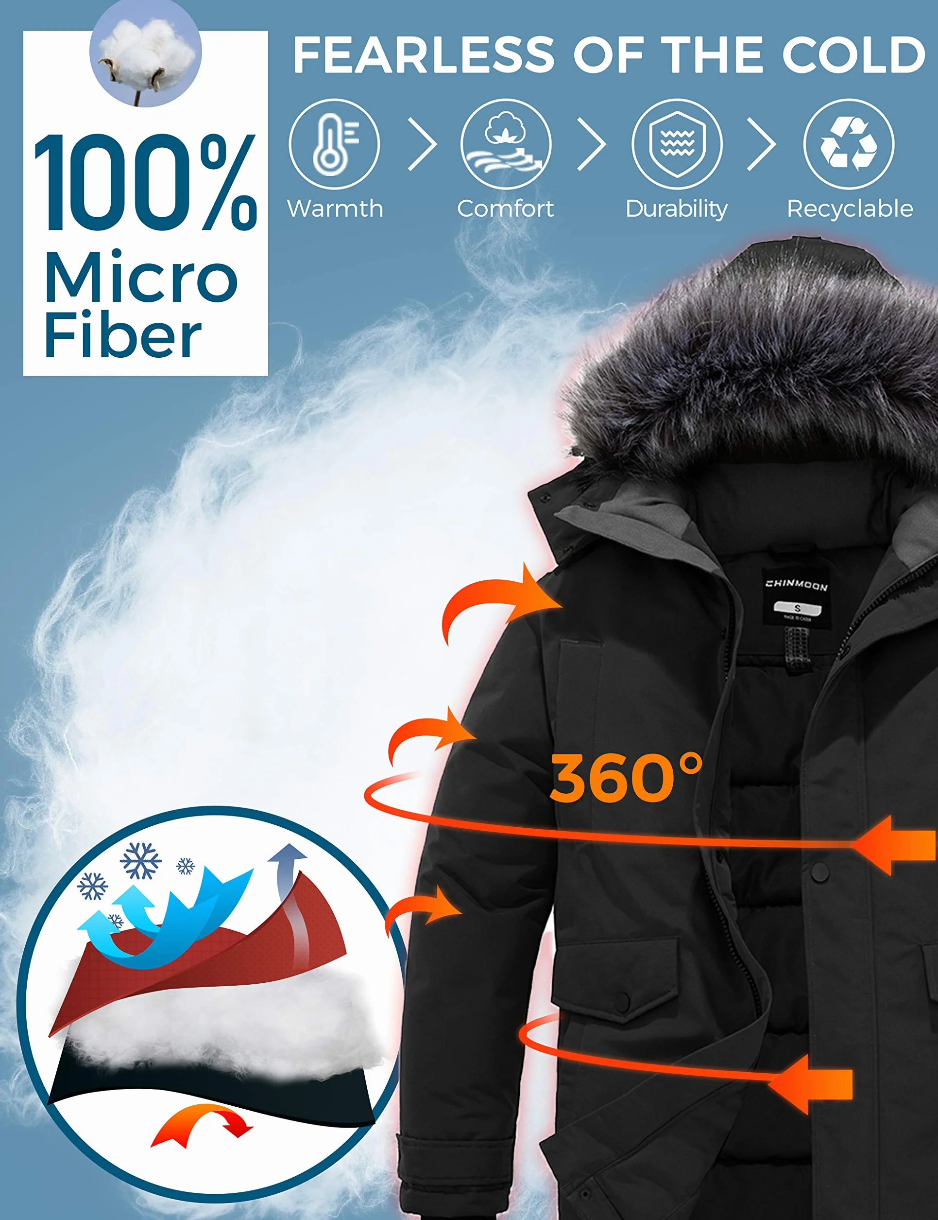 CHIN·MOON Męski zimowy ciepły płaszcz, wiatroszczelna kurtka buforowa, długa, outdoorowa parka, pikowana, pogrubiona kurtka z kapturem ze sztucznego futra