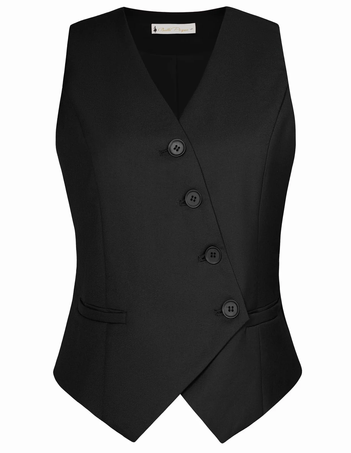 Belle Poque Kamizelka damska, top, vintage, dekolt w serek, ukośna, jednorzędowa, z kieszeniami, bez rękawów, blezery, kurtki