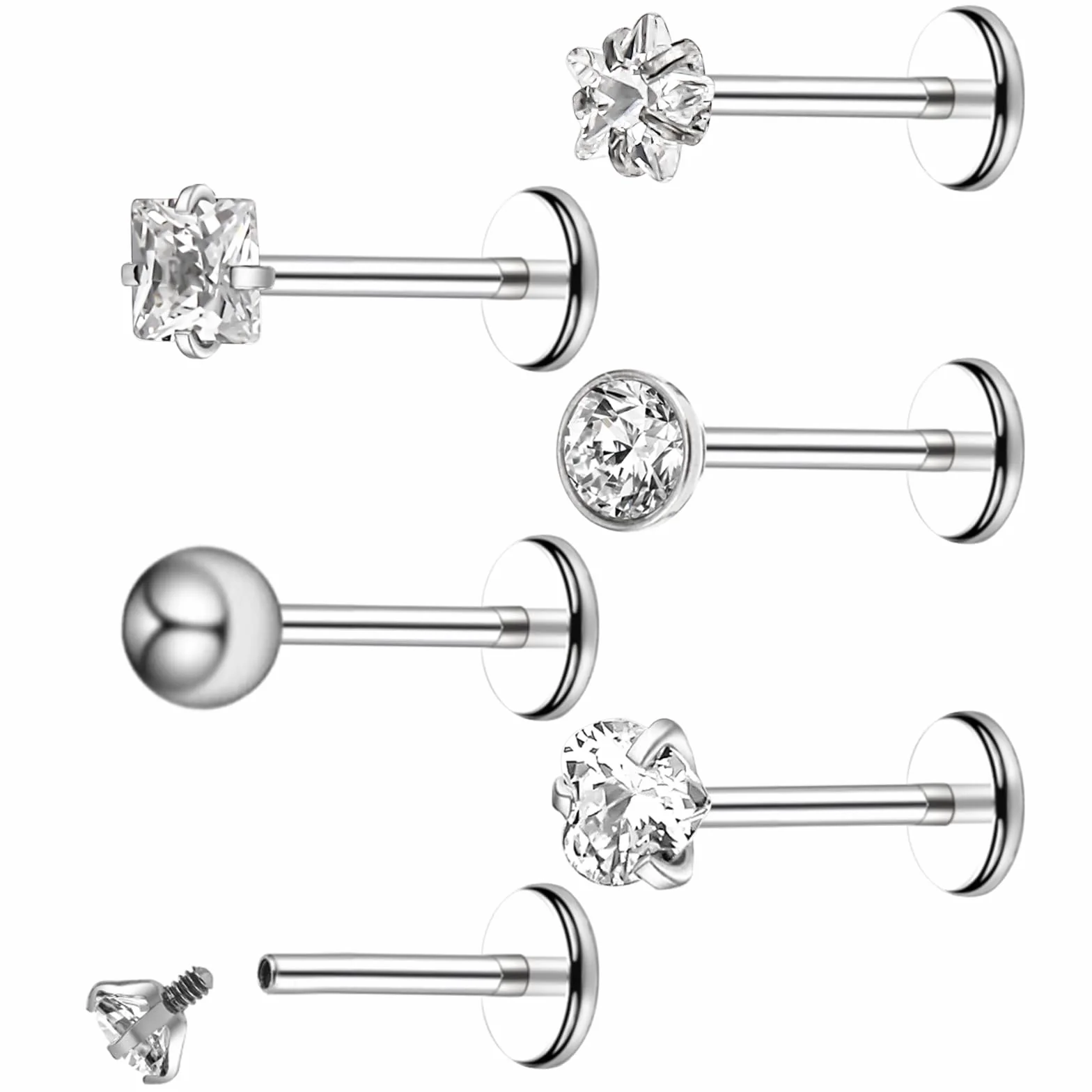 Tucnoeu 6 sztuk srebrnych kolczyków do wargi, tragus, piercing do uszu, helix, stal chirurgiczna, zestaw biżuterii 8mm pręt z cyrkonią, dla mężczyzn i kobiet, 15 cm, Metal, No Gemstone