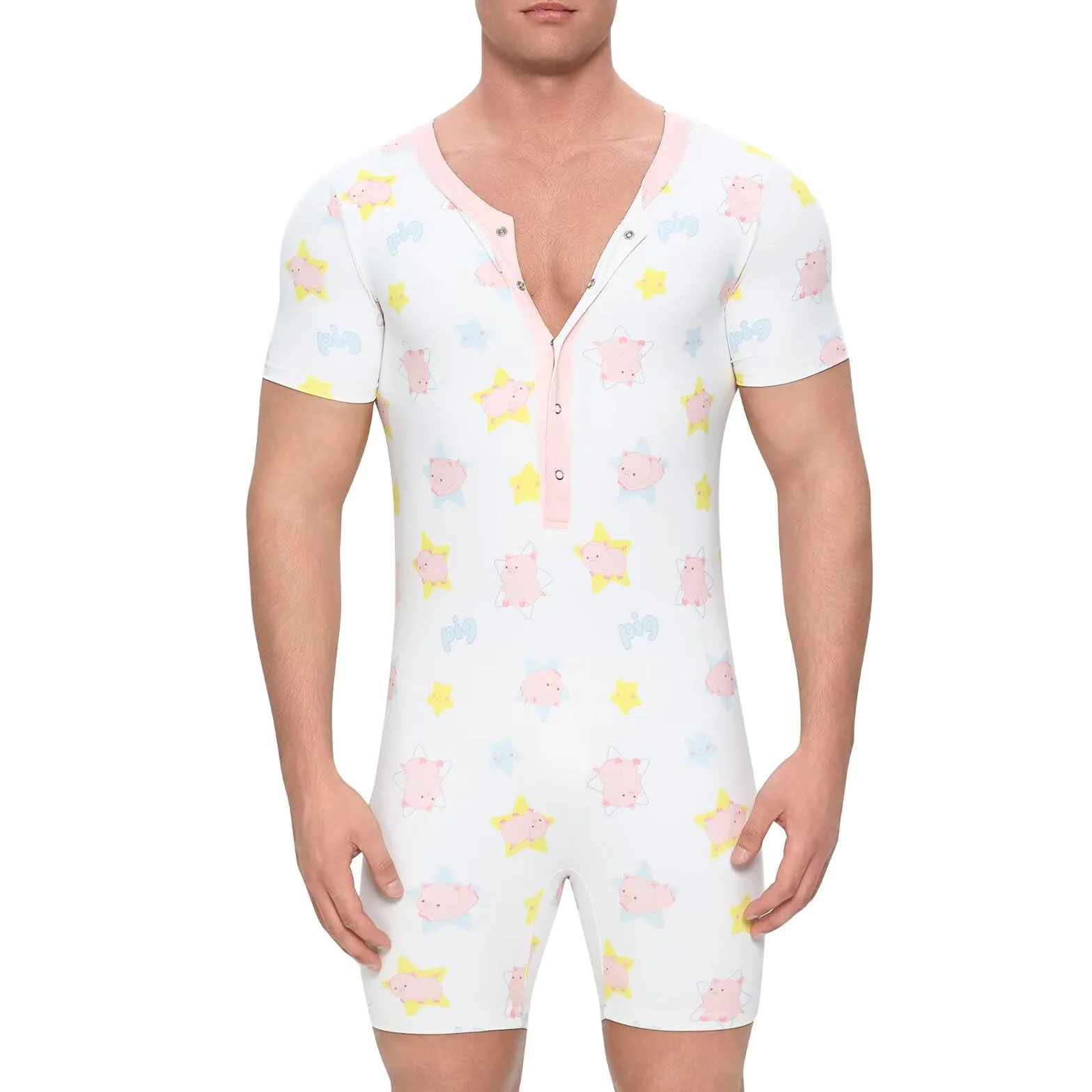 Landofgenie Body Męskie z Krótkimi Rękawami – Projekt Boxerski, Rząd Guzików i Bezplecy Onesie Pizama
