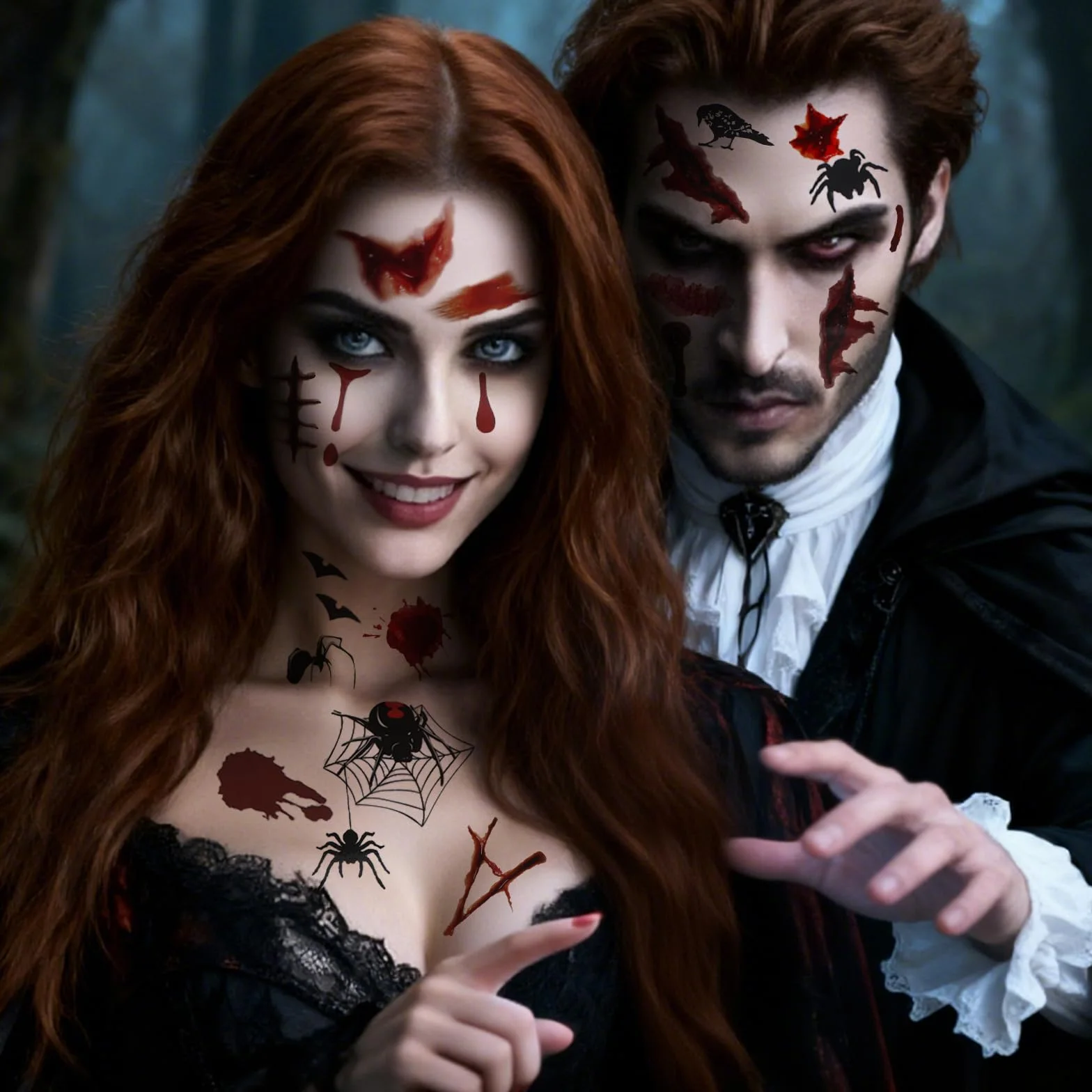 12 arkuszy tatuaży na Halloween, kostium dla kobiet i mężczyzn, tatuaż na twarz, blizny, rany, nietoperz, twarz, naklejki, tymczasowe tatuaże, akcesoria dla wampira, zombie, diabła, czarownicy
