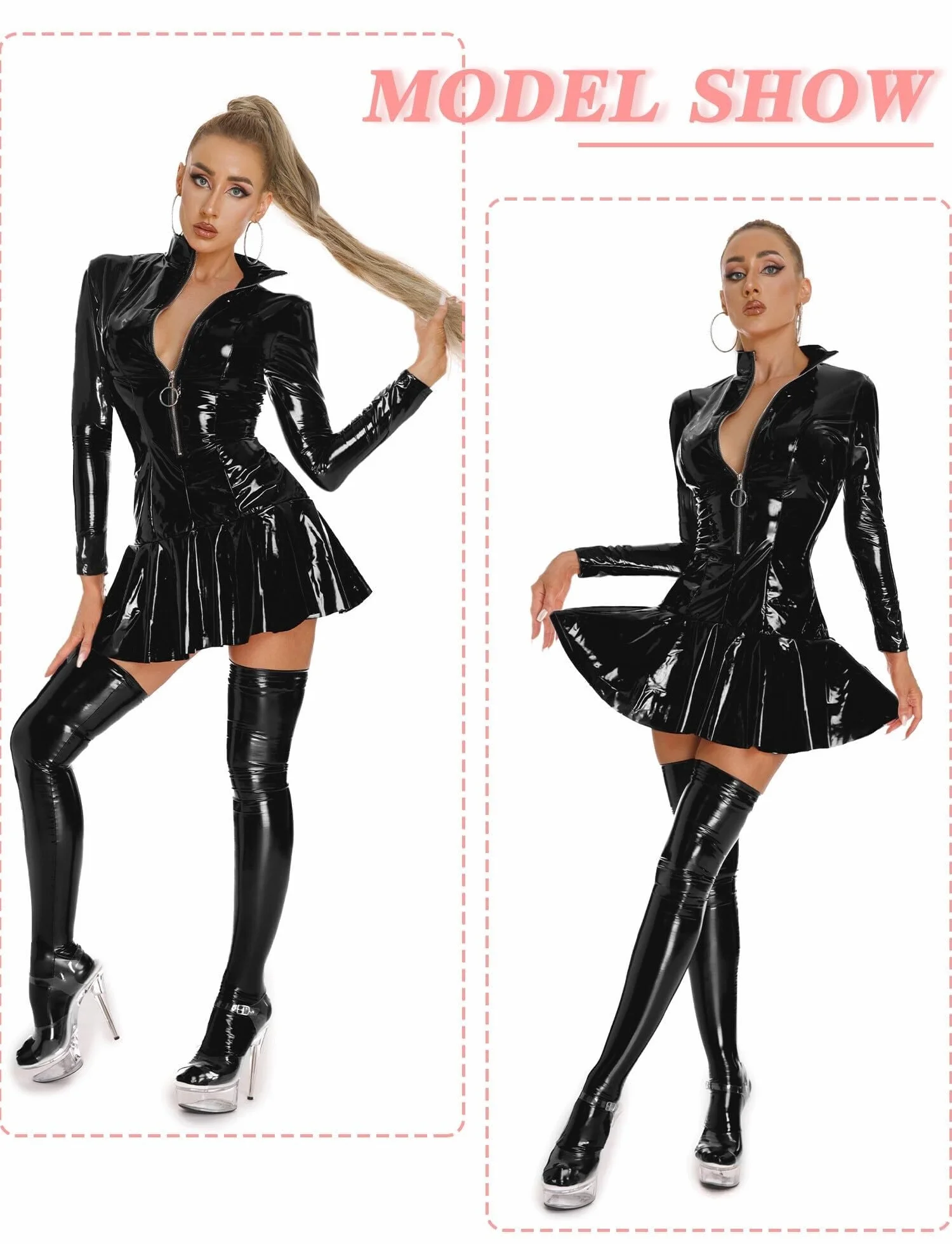 Sukienka lateksowa dla kobiet z długim rękawem skórzane body seksowna bielizna wyglądająca na mokre stroje Halloween kostium Dominatrix