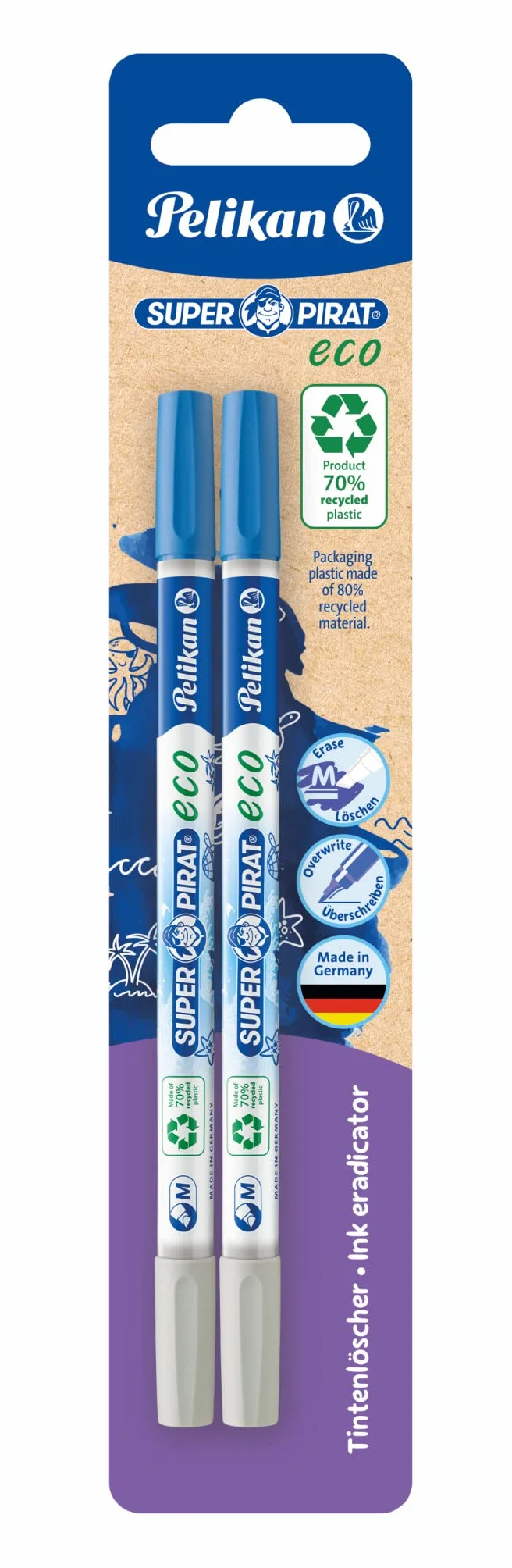 Pelikan® Super Pirat Eco 850M Korektor do pióra atramentu 2 sztuki 2w1 Pisak Długopis | Zmazik Wymazywacz Zmazywacz | Do Szkoły Biura Na studia | Szybkie poprawianie błędów Korekta | Dla Uczniów